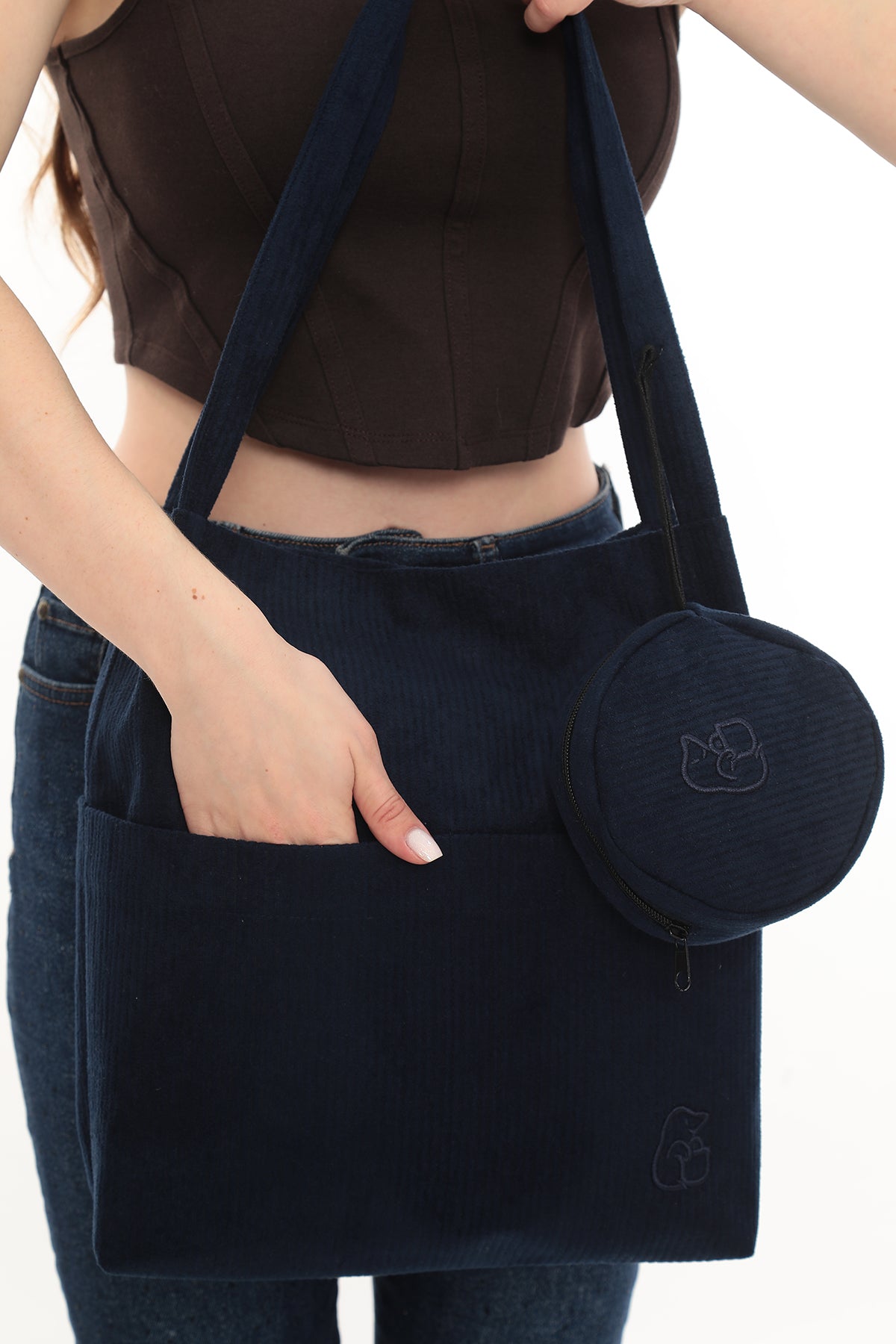 VELORA Lacivert Fitilli Kadife 32x38cm Bez Çanta + Yuvarlak Mini Çantalı