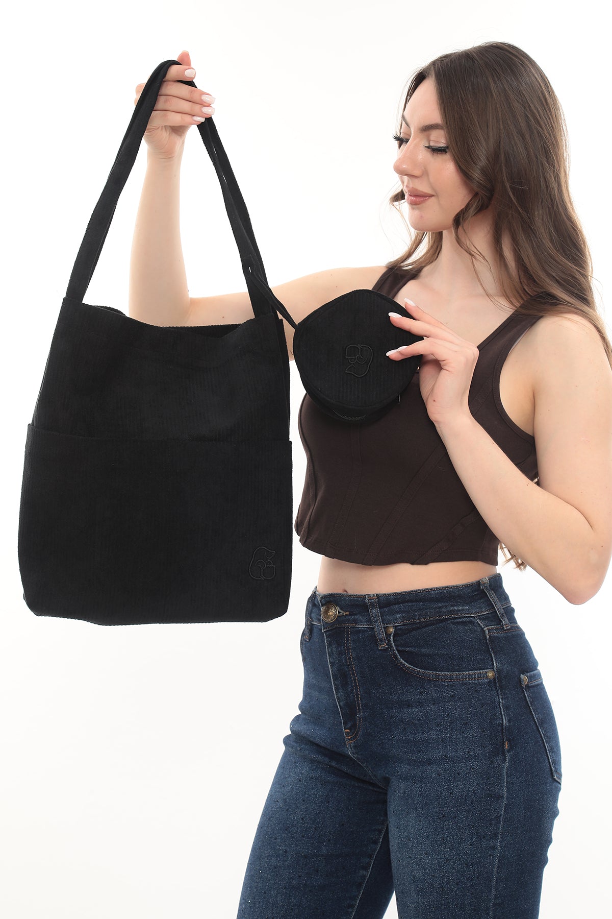 VELORA Siyah Fitilli Kadife 32x38cm Bez Çanta + Yuvarlak Mini Çantalı