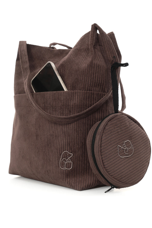 VELORA Kahverengi Fitilli Kadife 32x38cm Bez Çanta + Yuvarlak Mini Çantalı