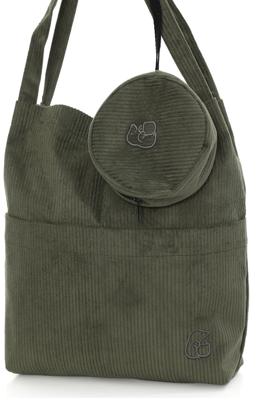 VELORA Yeşil Fitilli Kadife 32x38cm Bez Çanta + Yuvarlak Mini Çantalı