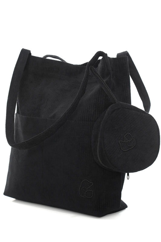 VELORA Siyah Fitilli Kadife 32x38cm Bez Çanta + Yuvarlak Mini Çantalı