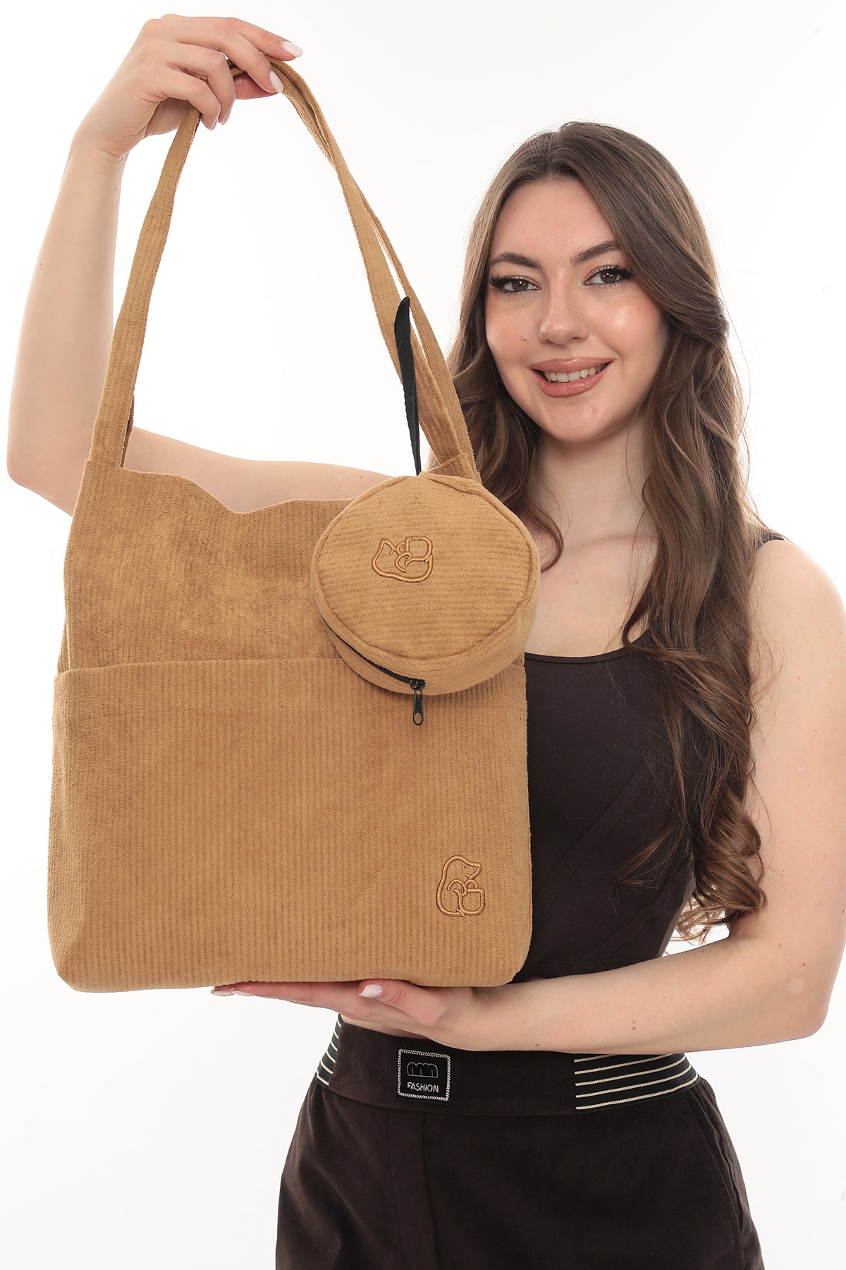 VELORA Camel Rengi Fitilli Kadife 32x38cm Bez Çanta + Yuvarlak Mini Çantalı