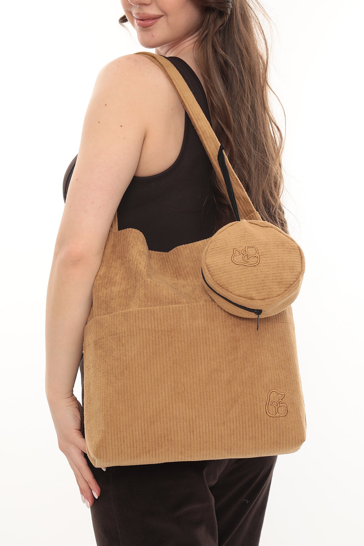 VELORA Camel Rengi Fitilli Kadife 32x38cm Bez Çanta + Yuvarlak Mini Çantalı
