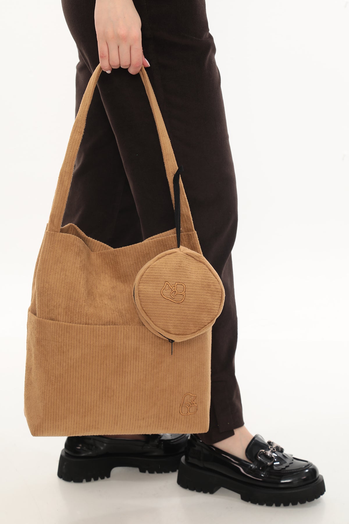 VELORA Camel Rengi Fitilli Kadife 32x38cm Bez Çanta + Yuvarlak Mini Çantalı
