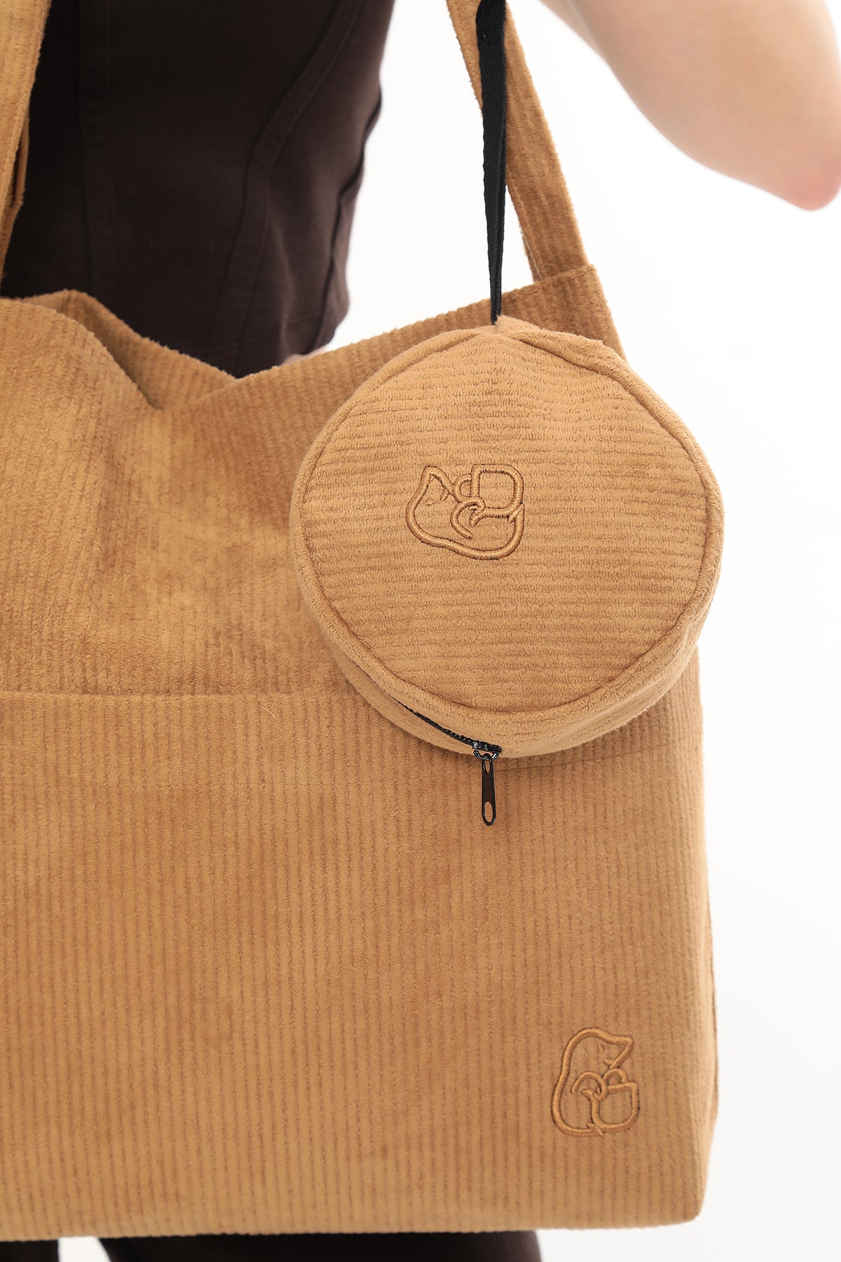 VELORA Camel Rengi Fitilli Kadife 32x38cm Bez Çanta + Yuvarlak Mini Çantalı