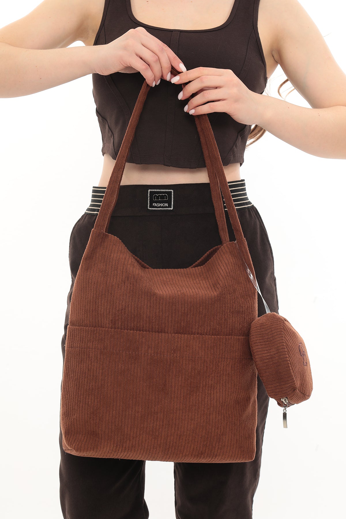 VELORA Toprak Rengi Fitilli Kadife 32x38cm Bez Çanta + Yuvarlak Mini Çantalı