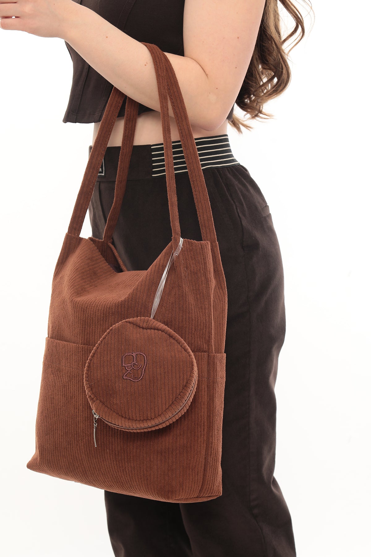 VELORA Toprak Rengi Fitilli Kadife 32x38cm Bez Çanta + Yuvarlak Mini Çantalı