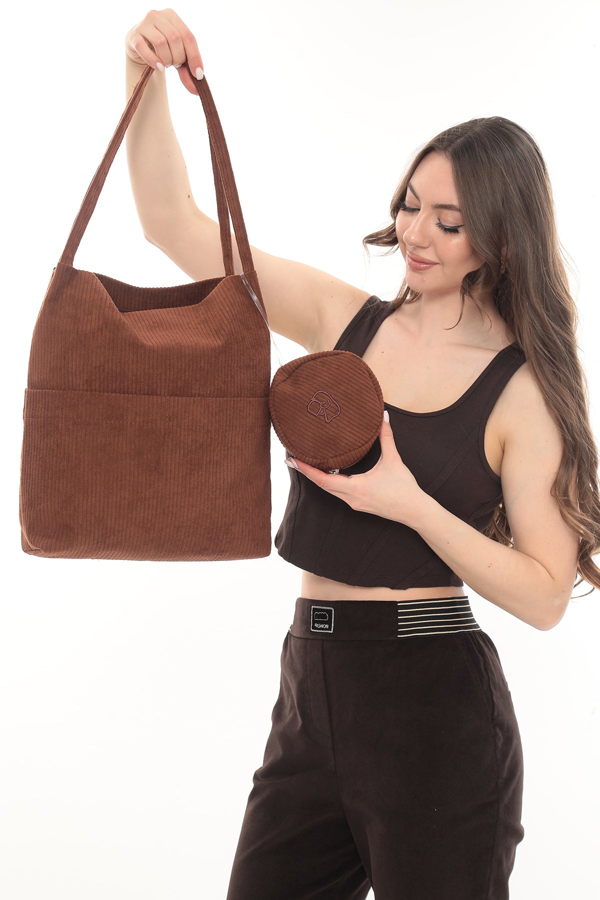 VELORA Toprak Rengi Fitilli Kadife 32x38cm Bez Çanta + Yuvarlak Mini Çantalı