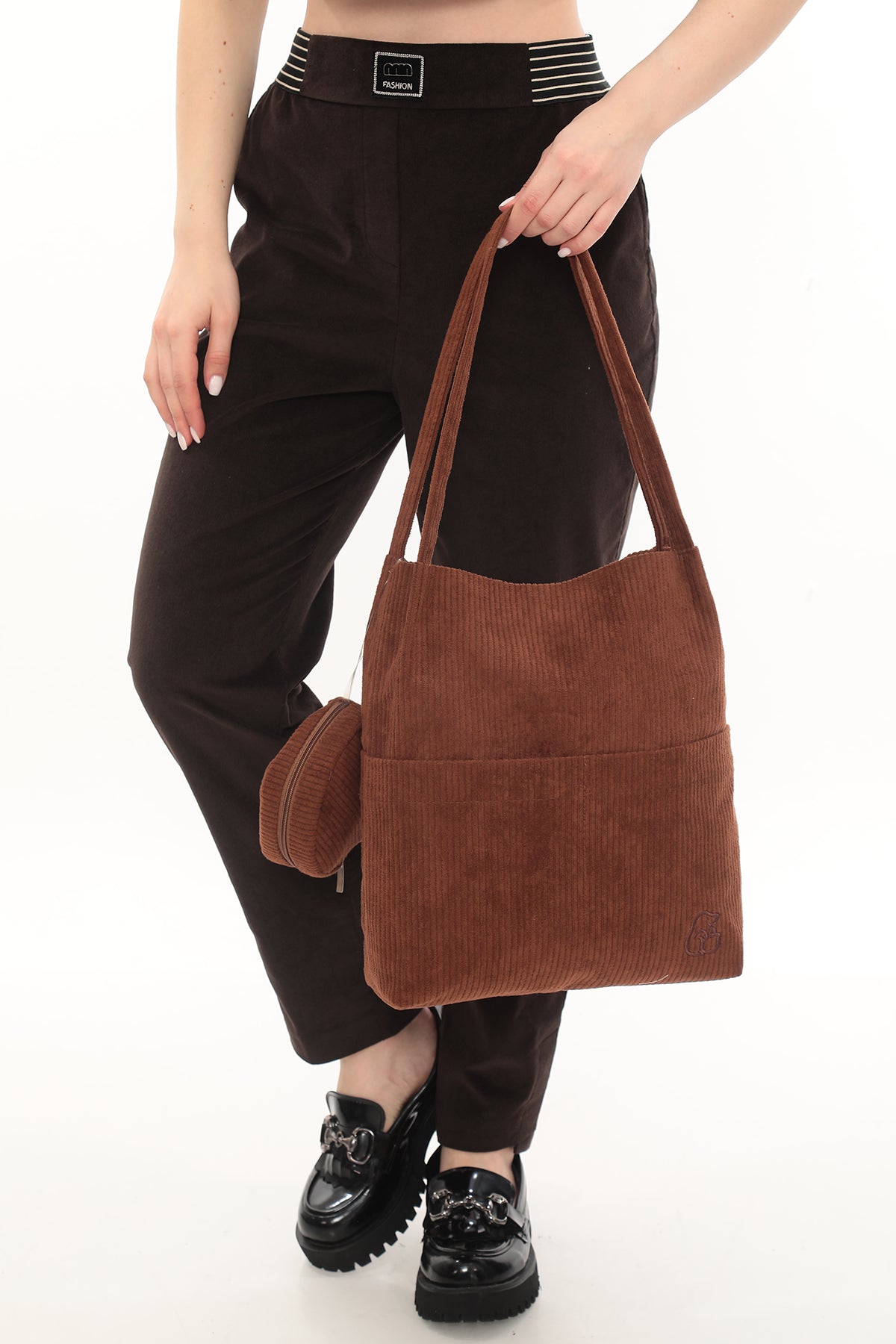 VELORA Toprak Rengi Fitilli Kadife 32x38cm Bez Çanta + Yuvarlak Mini Çantalı