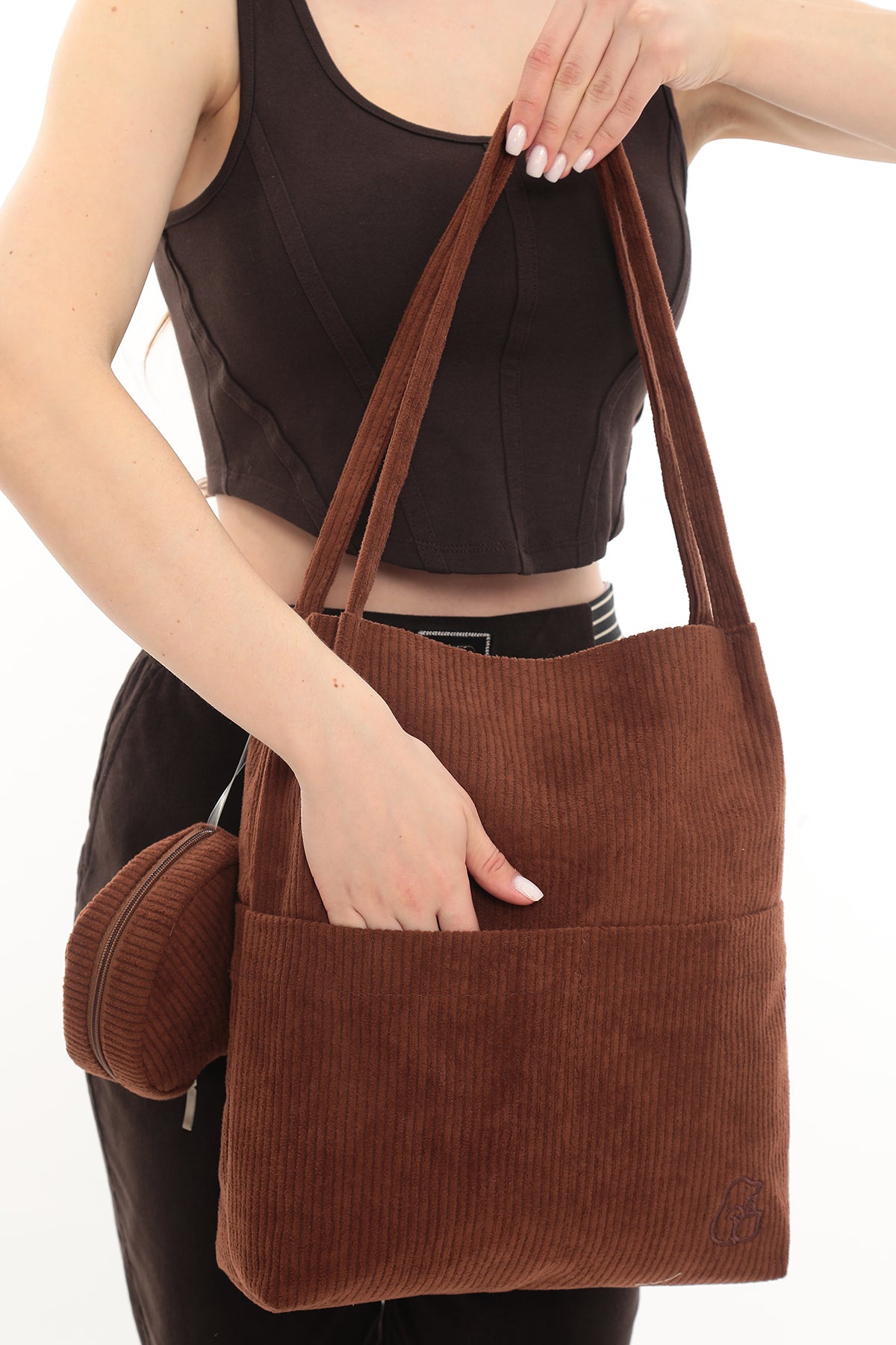 VELORA Toprak Rengi Fitilli Kadife 32x38cm Bez Çanta + Yuvarlak Mini Çantalı