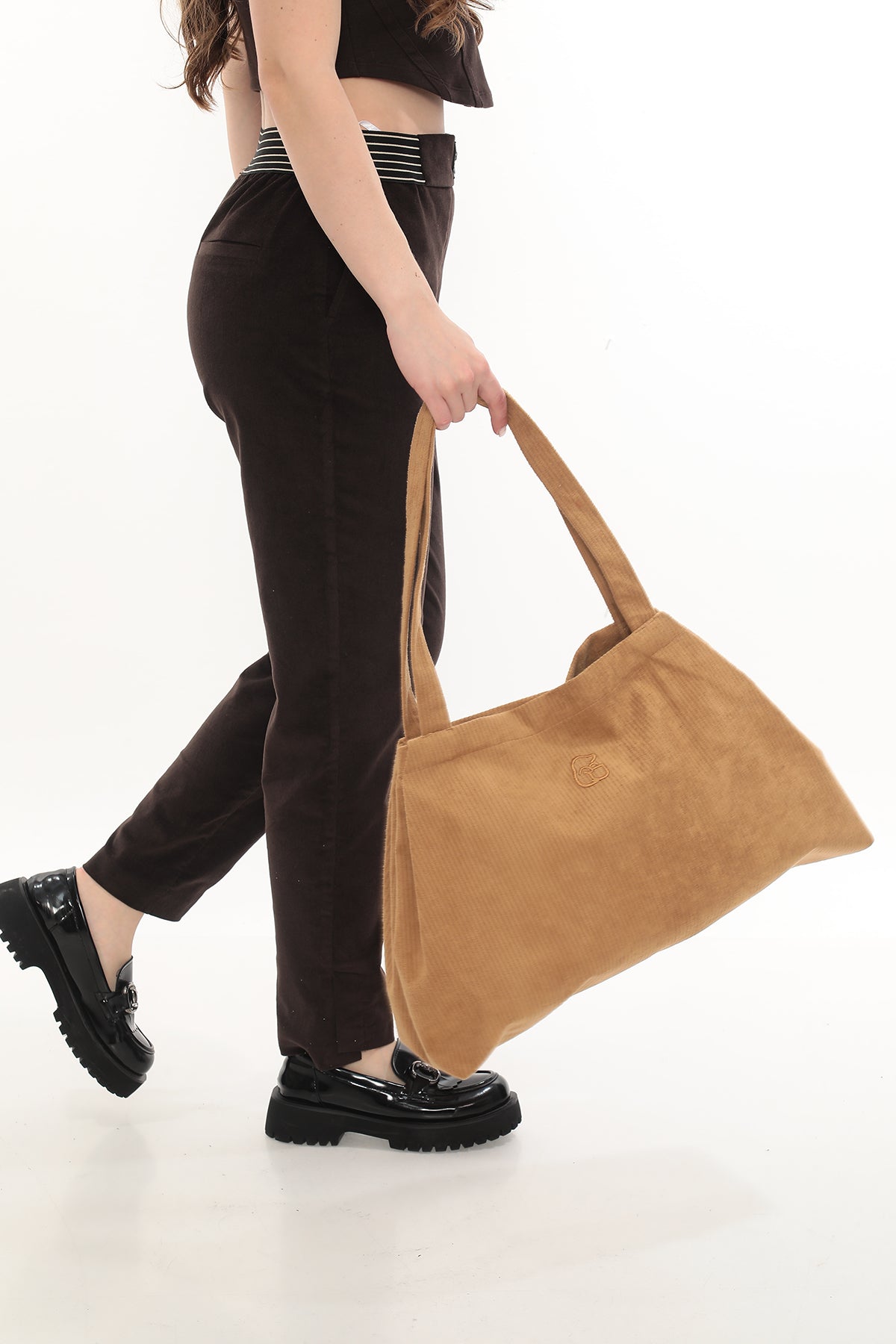 VELVET Camel Rengi Fitilli Kadife Büyüyebilen Bez Çanta