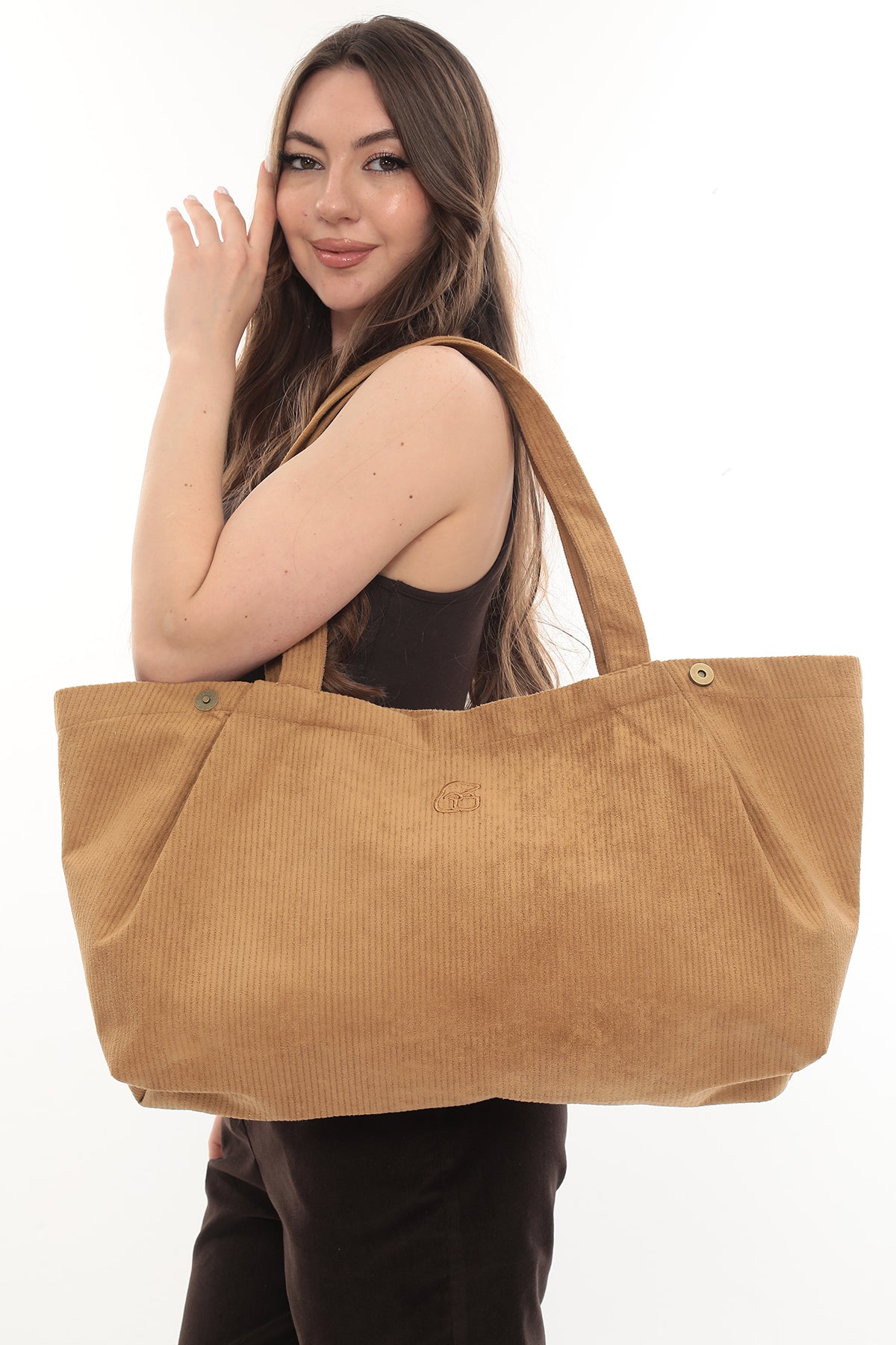 VELVET Camel Rengi Fitilli Kadife Büyüyebilen Bez Çanta