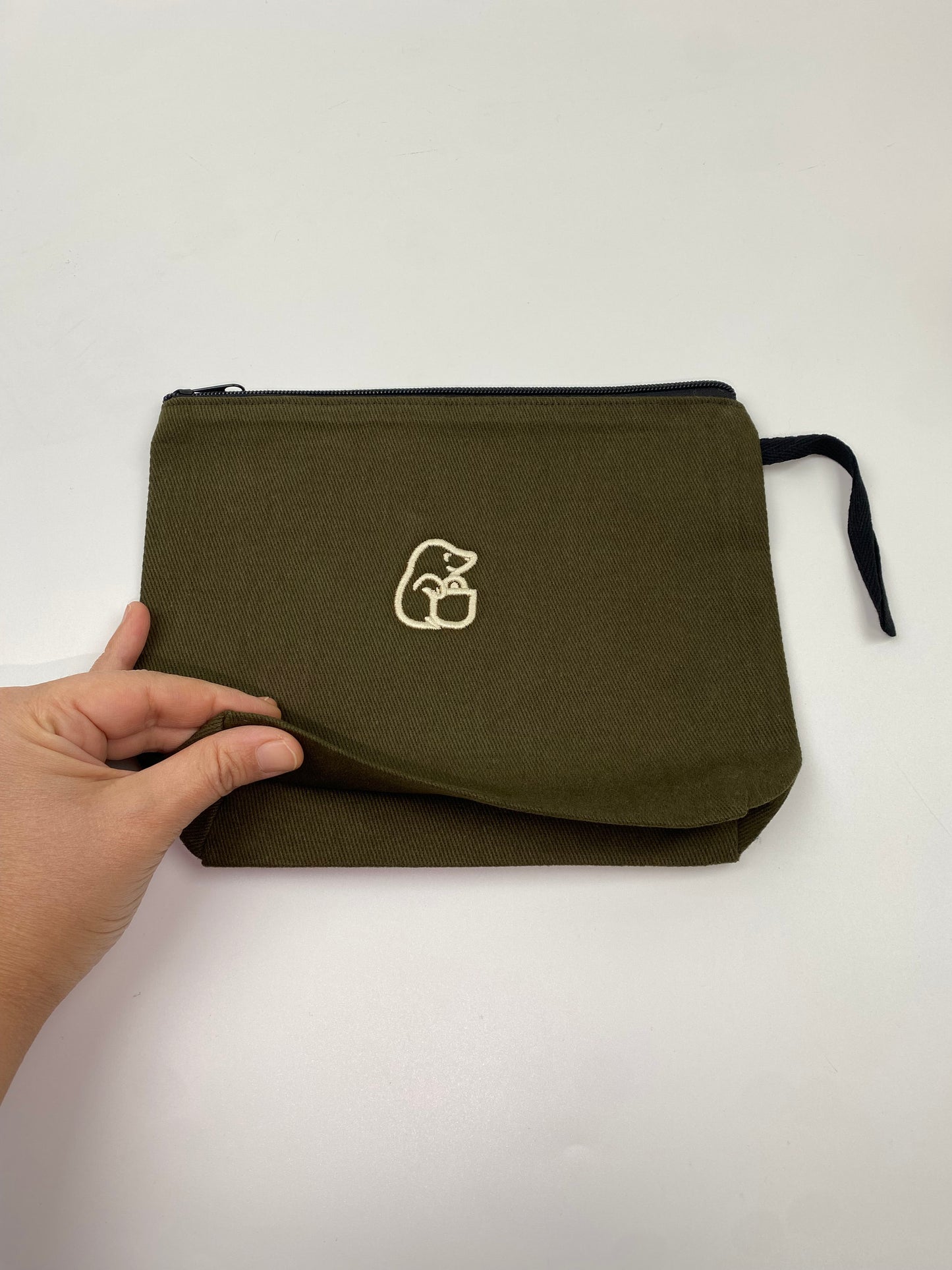 Haki Lamineli Nakışlı 300gr Kanvas Kumaş 25x18x6cm Körüklü Clutch Bez Çanta