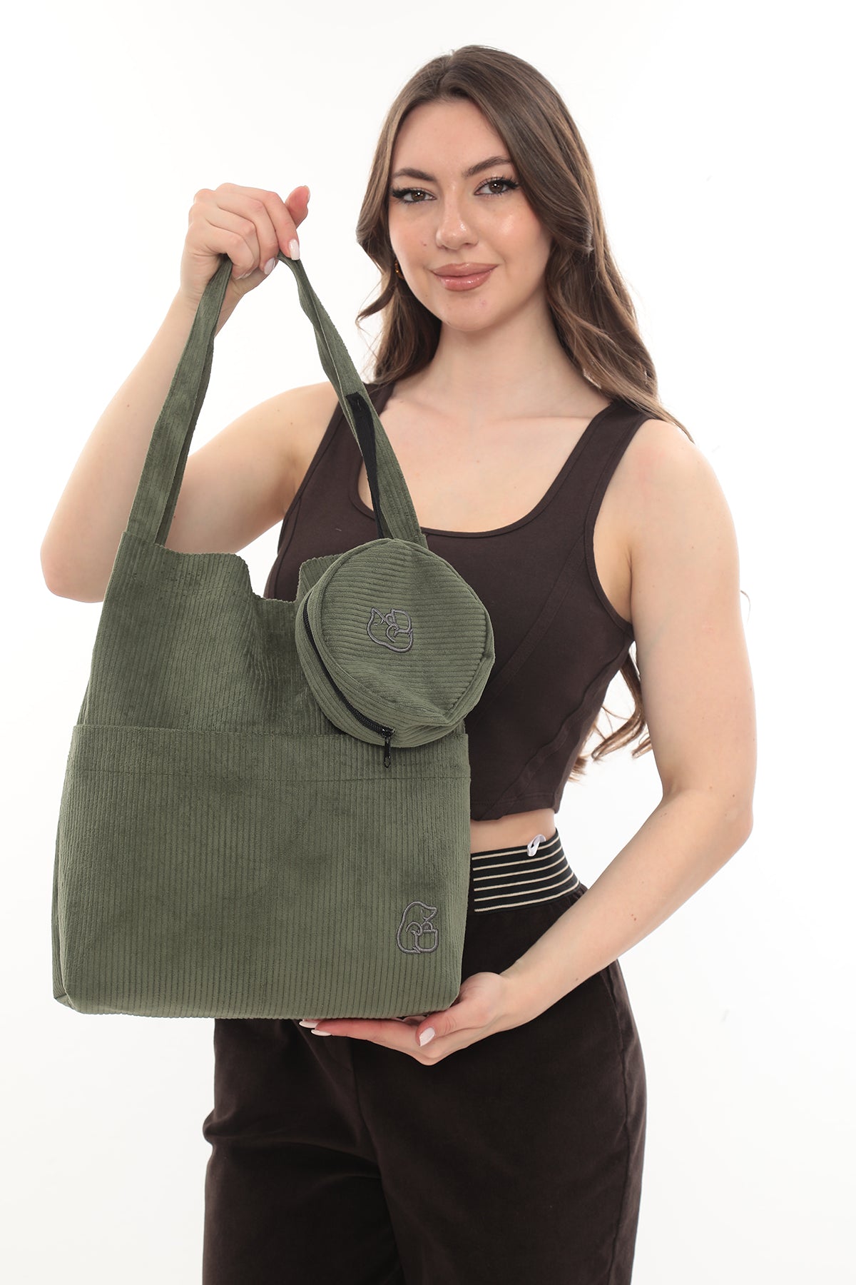 VELORA Yeşil Fitilli Kadife 32x38cm Bez Çanta + Yuvarlak Mini Çantalı