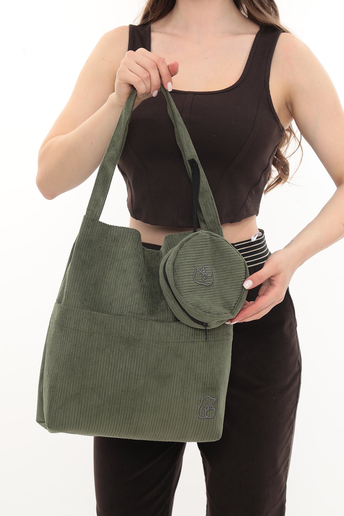 VELORA Yeşil Fitilli Kadife 32x38cm Bez Çanta + Yuvarlak Mini Çantalı