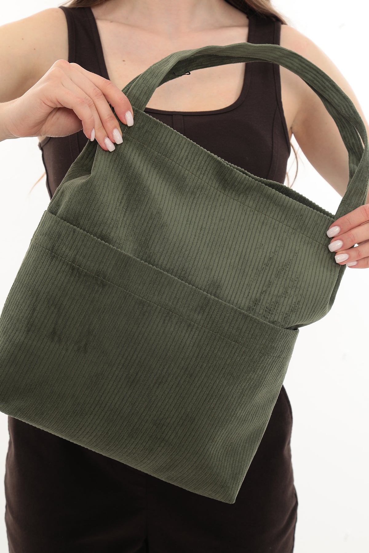 VELORA Yeşil Fitilli Kadife 32x38cm Bez Çanta + Yuvarlak Mini Çantalı