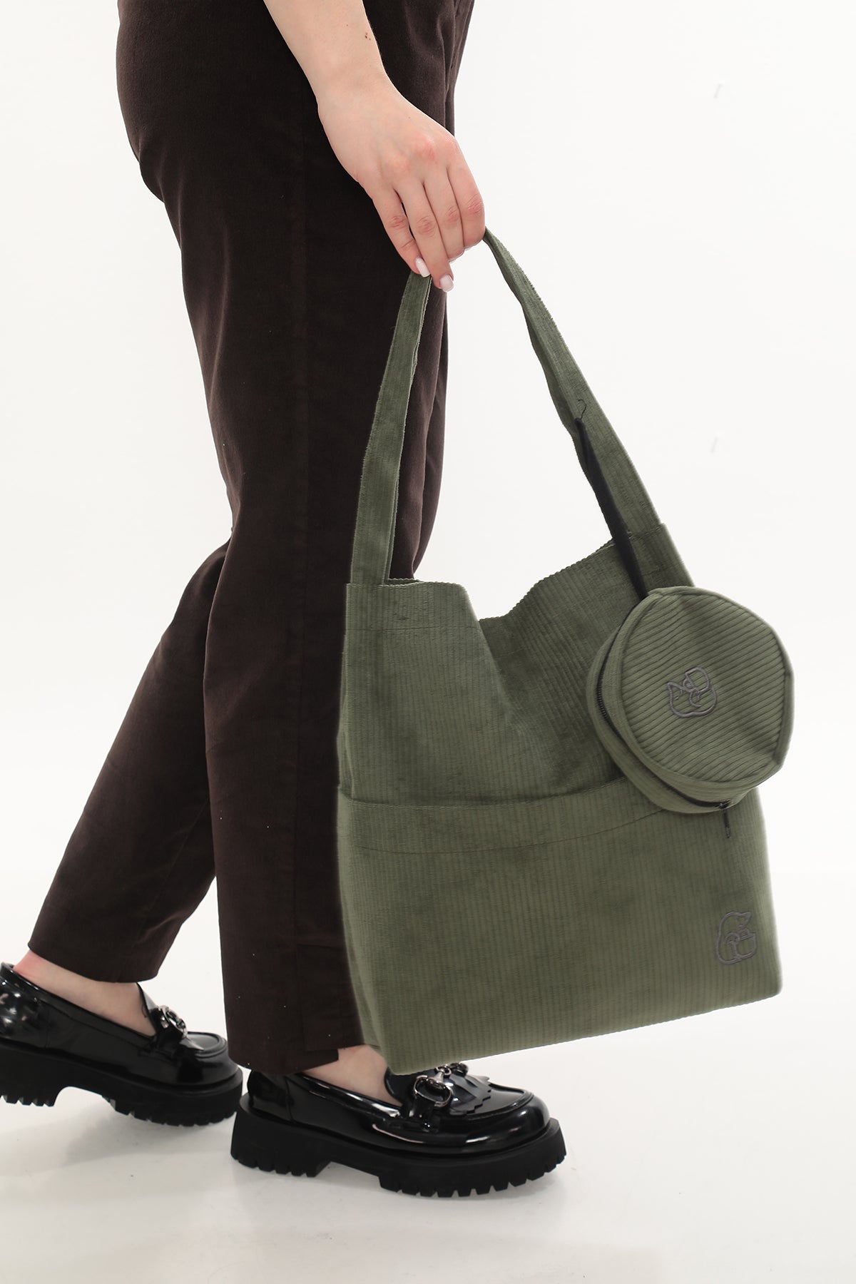 VELORA Yeşil Fitilli Kadife 32x38cm Bez Çanta + Yuvarlak Mini Çantalı