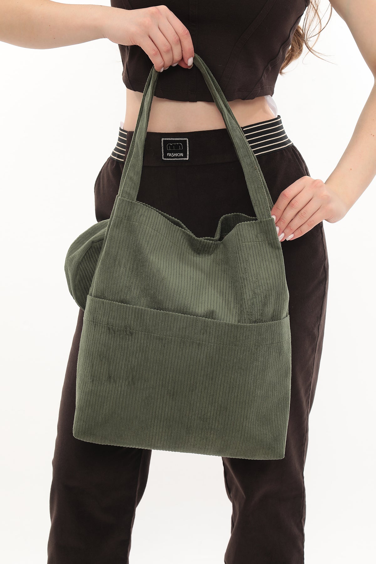 VELORA Yeşil Fitilli Kadife 32x38cm Bez Çanta + Yuvarlak Mini Çantalı