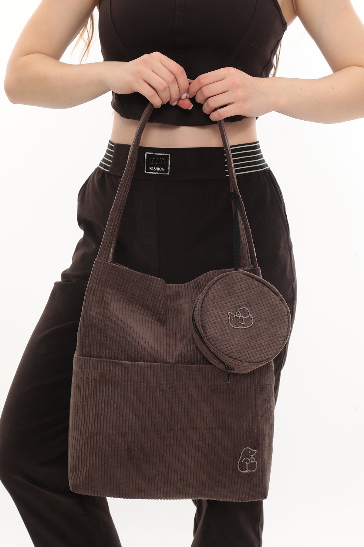 VELORA Kahverengi Fitilli Kadife 32x38cm Bez Çanta + Yuvarlak Mini Çantalı