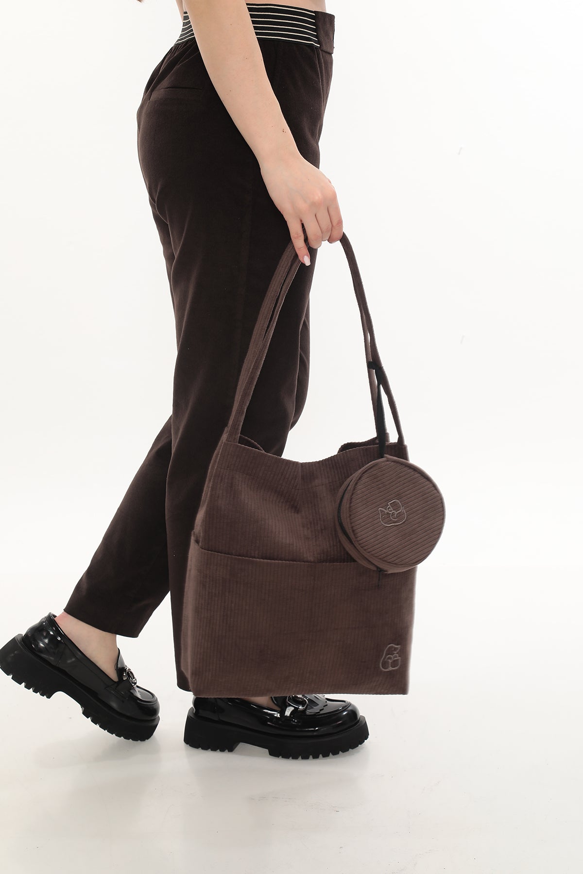 VELORA Kahverengi Fitilli Kadife 32x38cm Bez Çanta + Yuvarlak Mini Çantalı