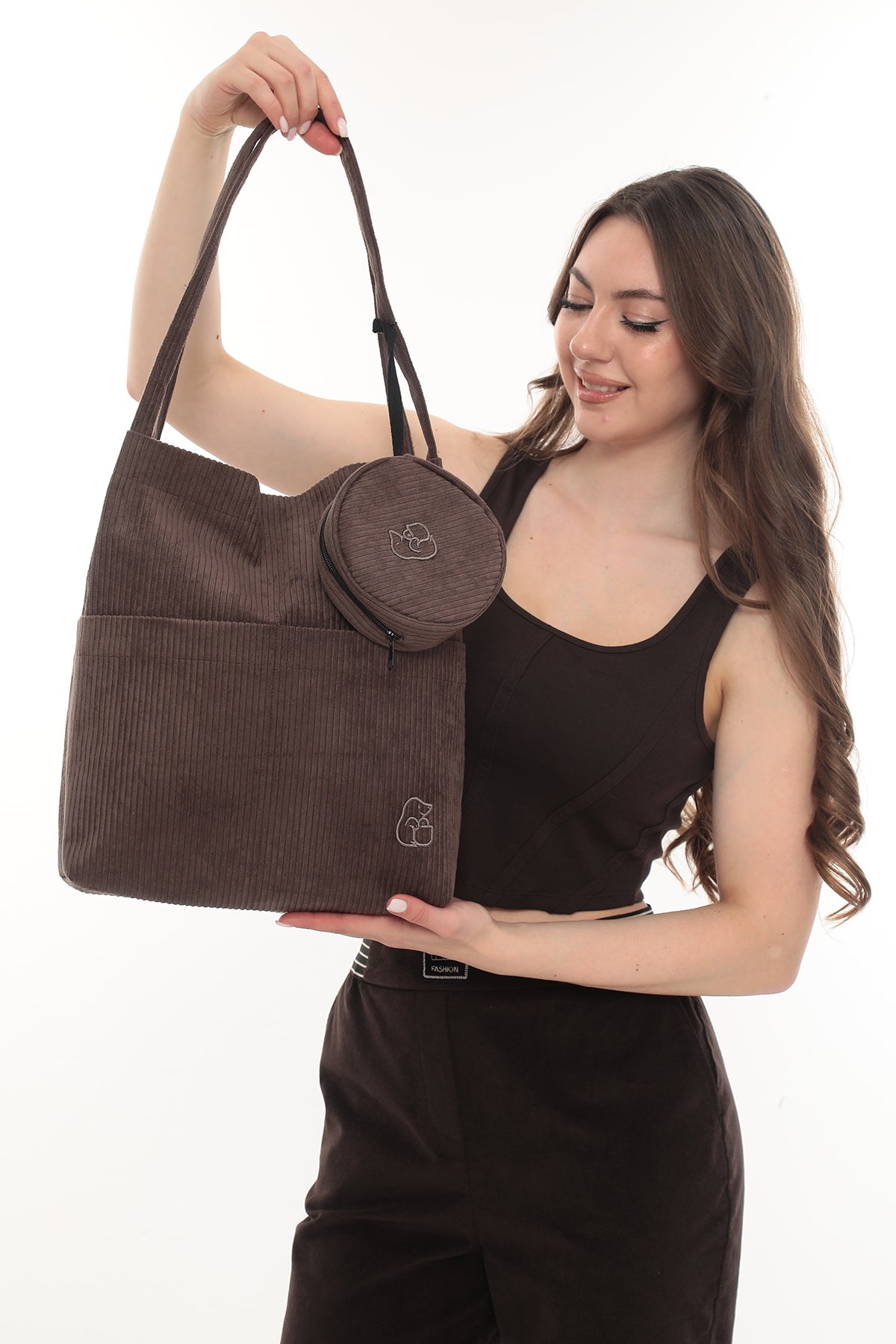 VELORA Kahverengi Fitilli Kadife 32x38cm Bez Çanta + Yuvarlak Mini Çantalı