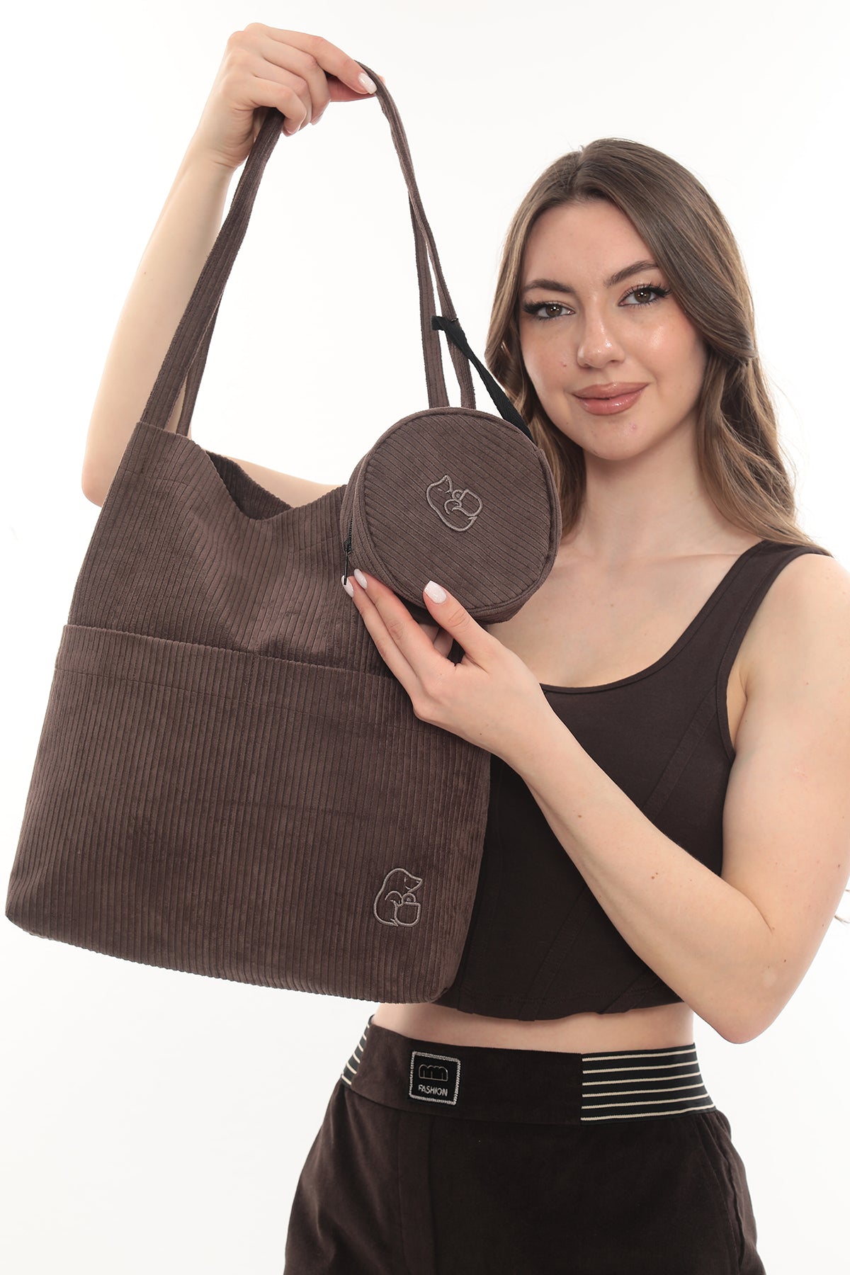 VELORA Kahverengi Fitilli Kadife 32x38cm Bez Çanta + Yuvarlak Mini Çantalı