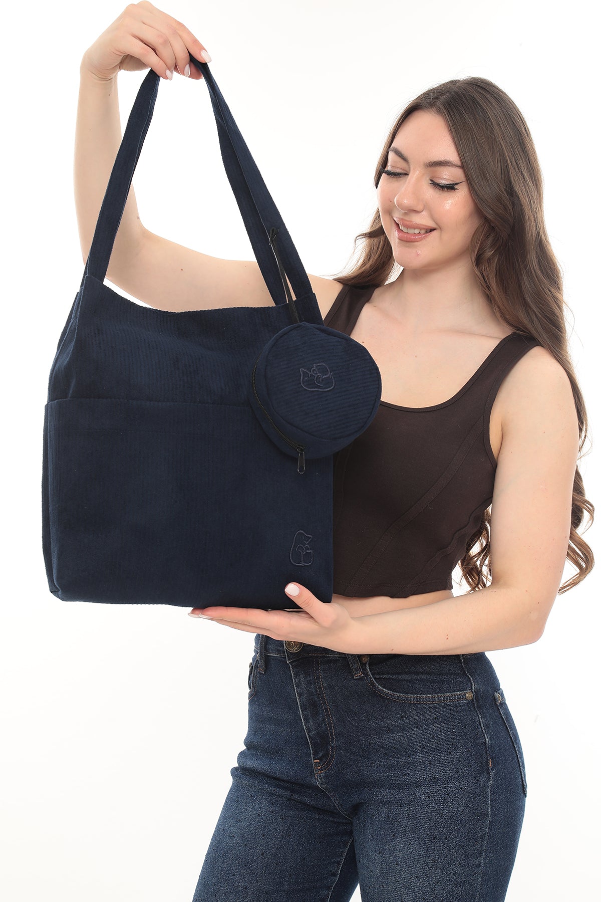 VELORA Lacivert Fitilli Kadife 32x38cm Bez Çanta + Yuvarlak Mini Çantalı