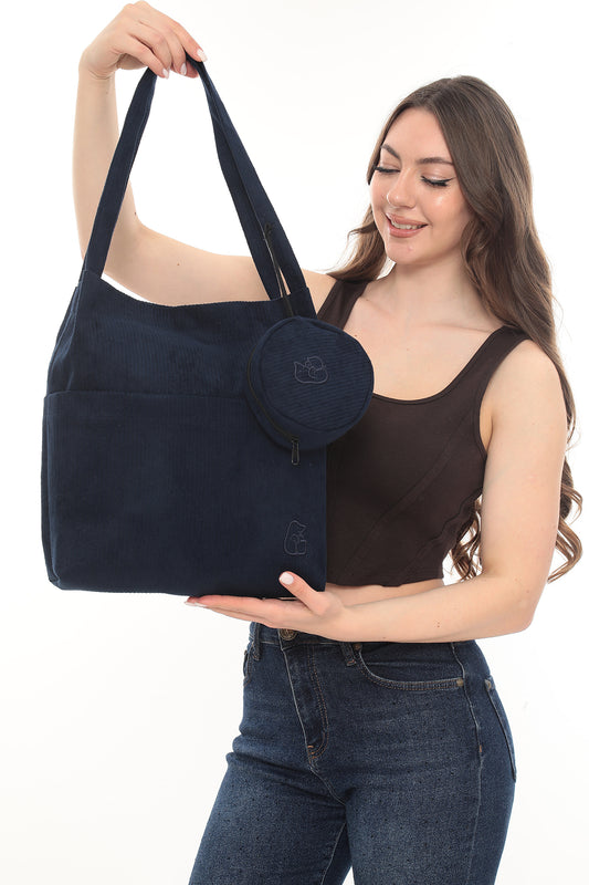 VELORA Lacivert Fitilli Kadife 32x38cm Bez Çanta + Yuvarlak Mini Çantalı