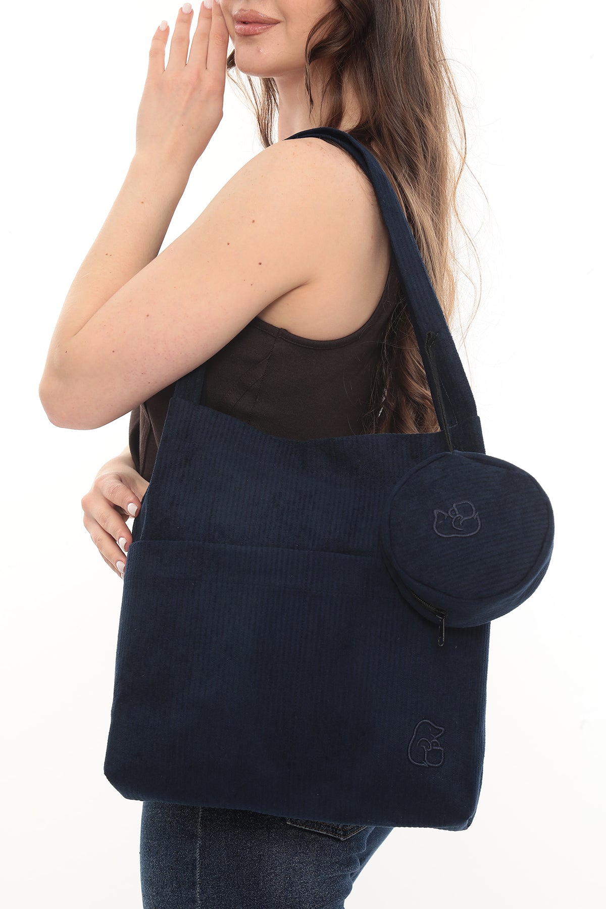VELORA Lacivert Fitilli Kadife 32x38cm Bez Çanta + Yuvarlak Mini Çantalı