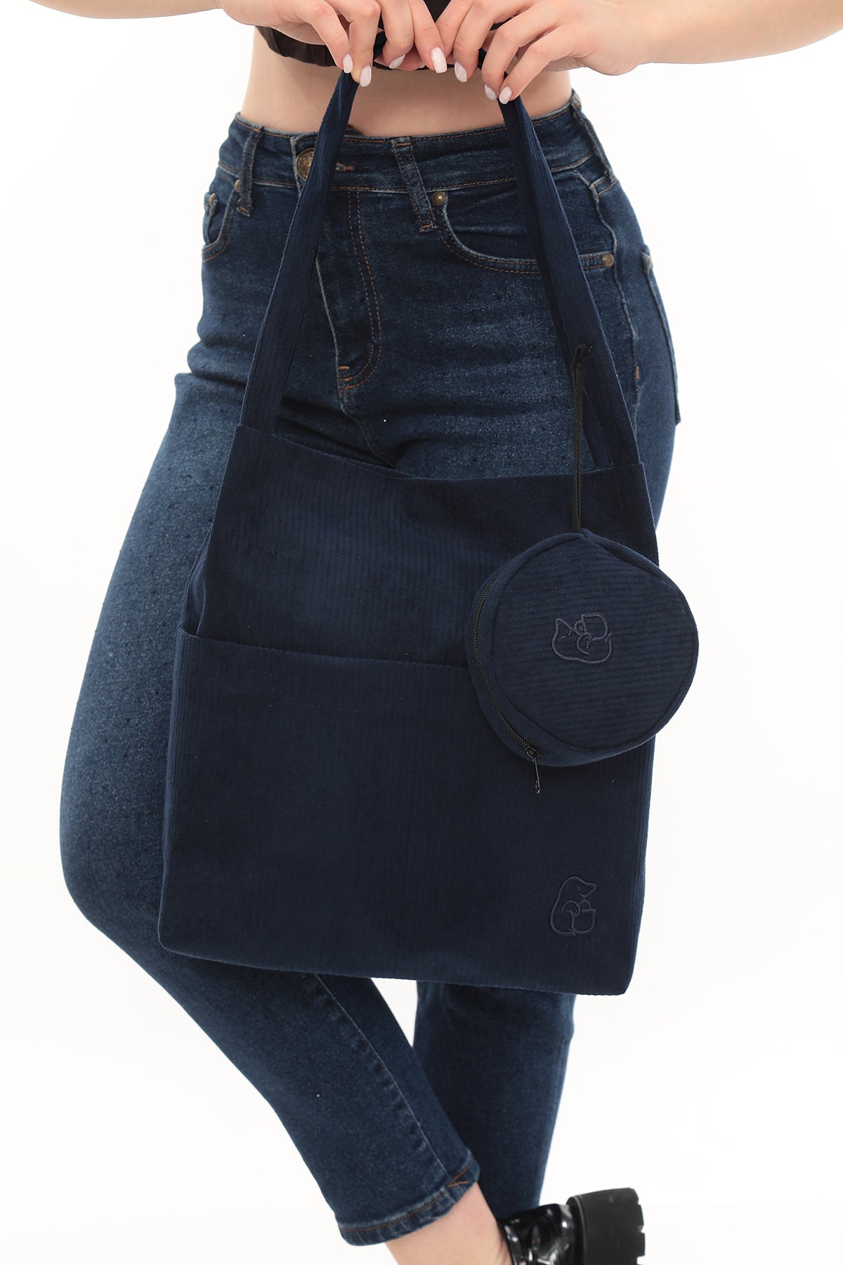 VELORA Lacivert Fitilli Kadife 32x38cm Bez Çanta + Yuvarlak Mini Çantalı