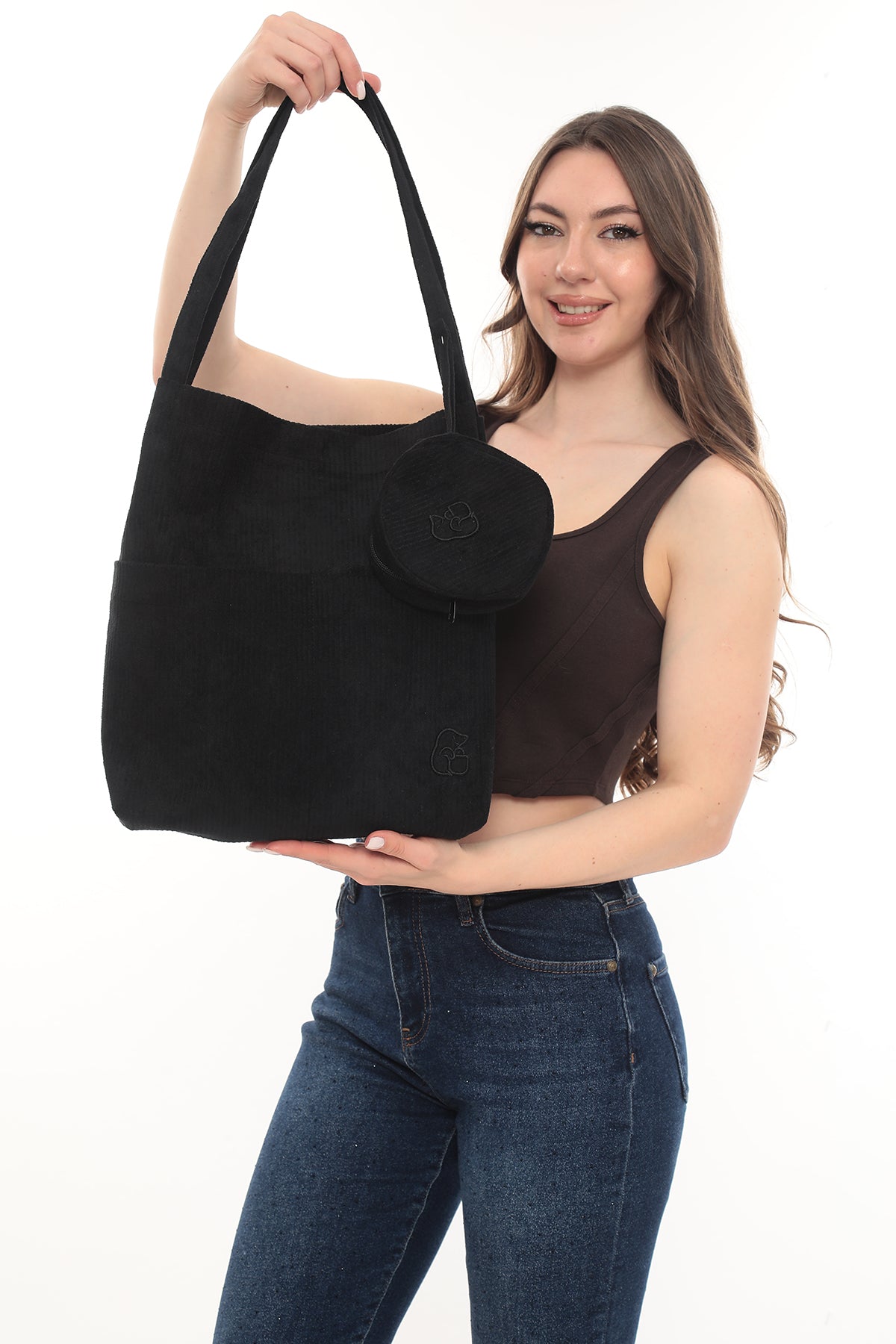 VELORA Siyah Fitilli Kadife 32x38cm Bez Çanta + Yuvarlak Mini Çantalı