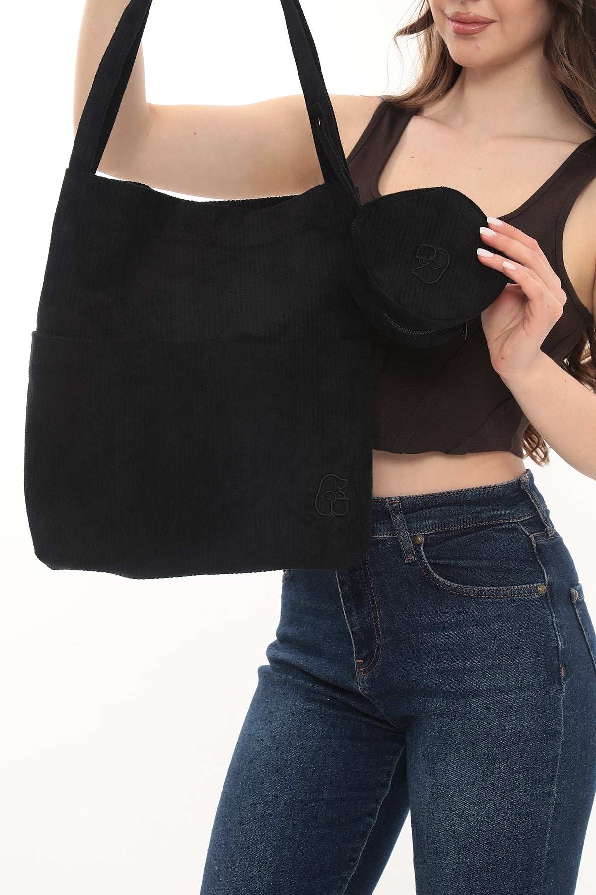 VELORA Siyah Fitilli Kadife 32x38cm Bez Çanta + Yuvarlak Mini Çantalı