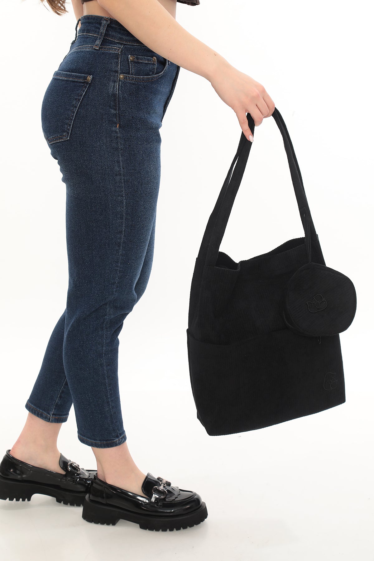 VELORA Siyah Fitilli Kadife 32x38cm Bez Çanta + Yuvarlak Mini Çantalı