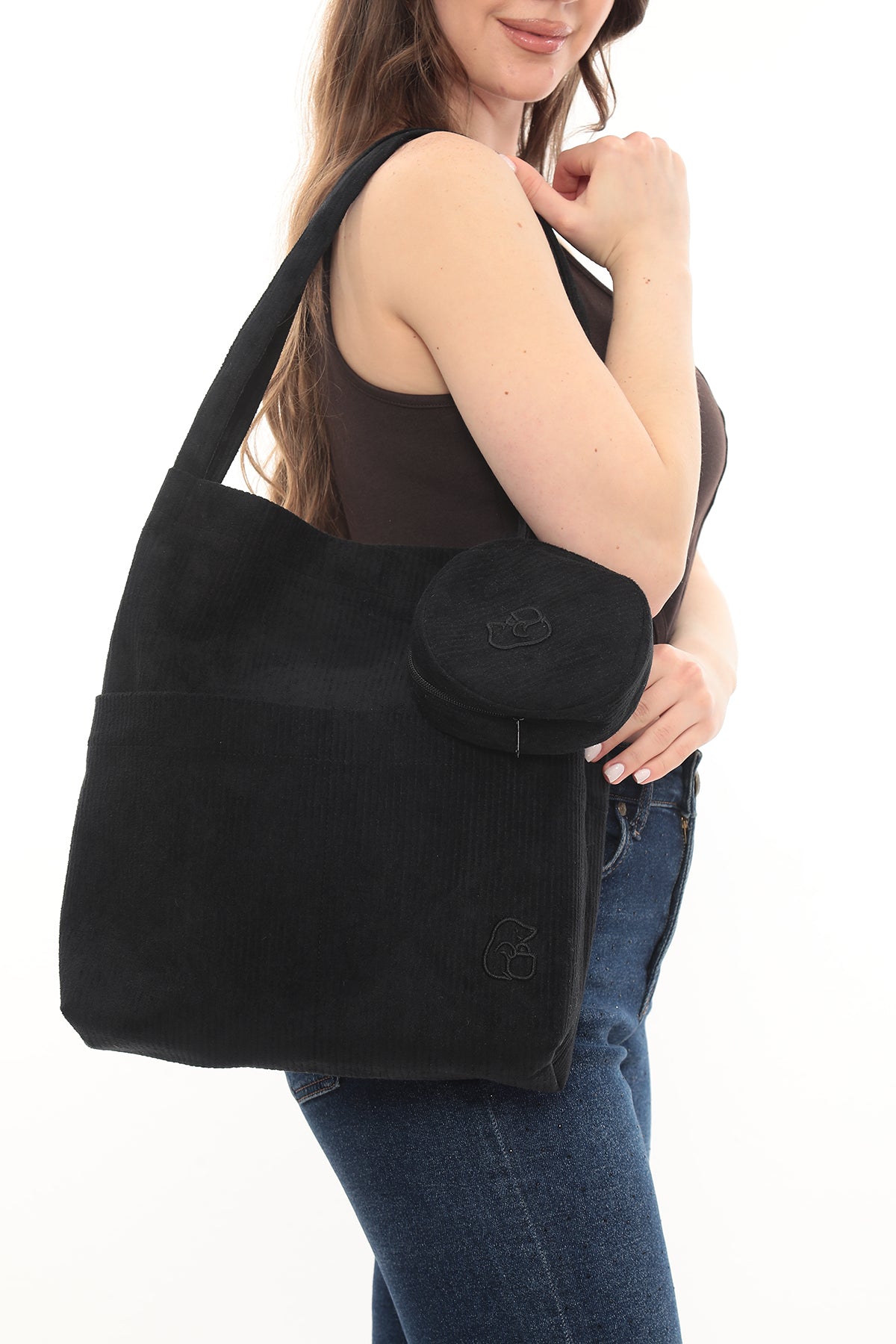 VELORA Siyah Fitilli Kadife 32x38cm Bez Çanta + Yuvarlak Mini Çantalı