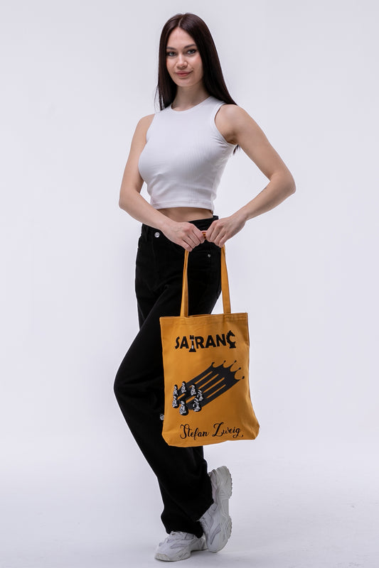 Stefan Zweig Satranç Sarı Gabardin Kumaş 35x40x8cm Bez Çanta