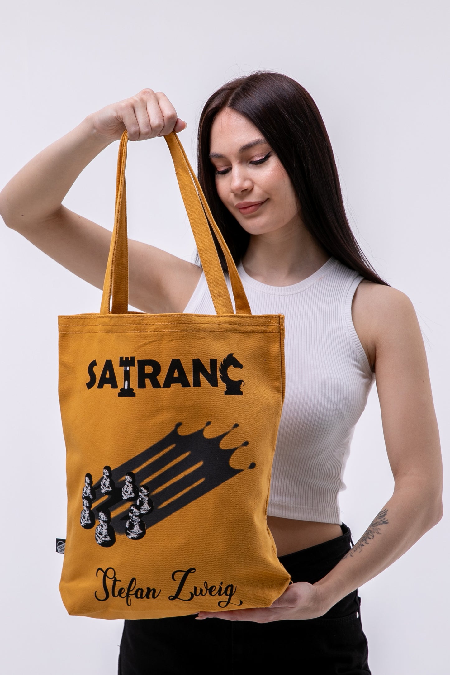 Stefan Zweig Satranç Sarı Gabardin Kumaş 35x40x8cm Bez Çanta