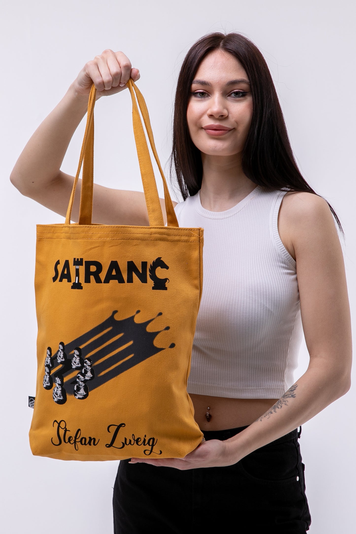 Stefan Zweig Satranç Sarı Gabardin Kumaş 35x40x8cm Bez Çanta