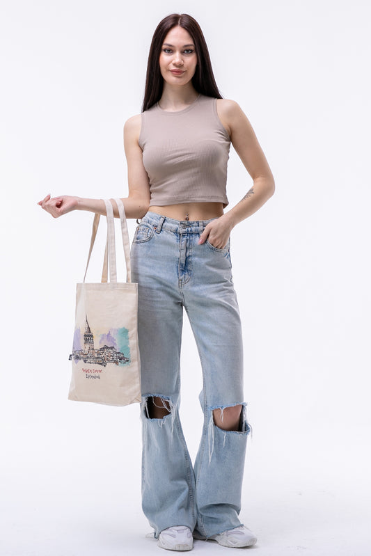 İstanbul Galata Tower Baskılı 340gr Gabardin Kumaş 35x40x8cm Bez Çanta