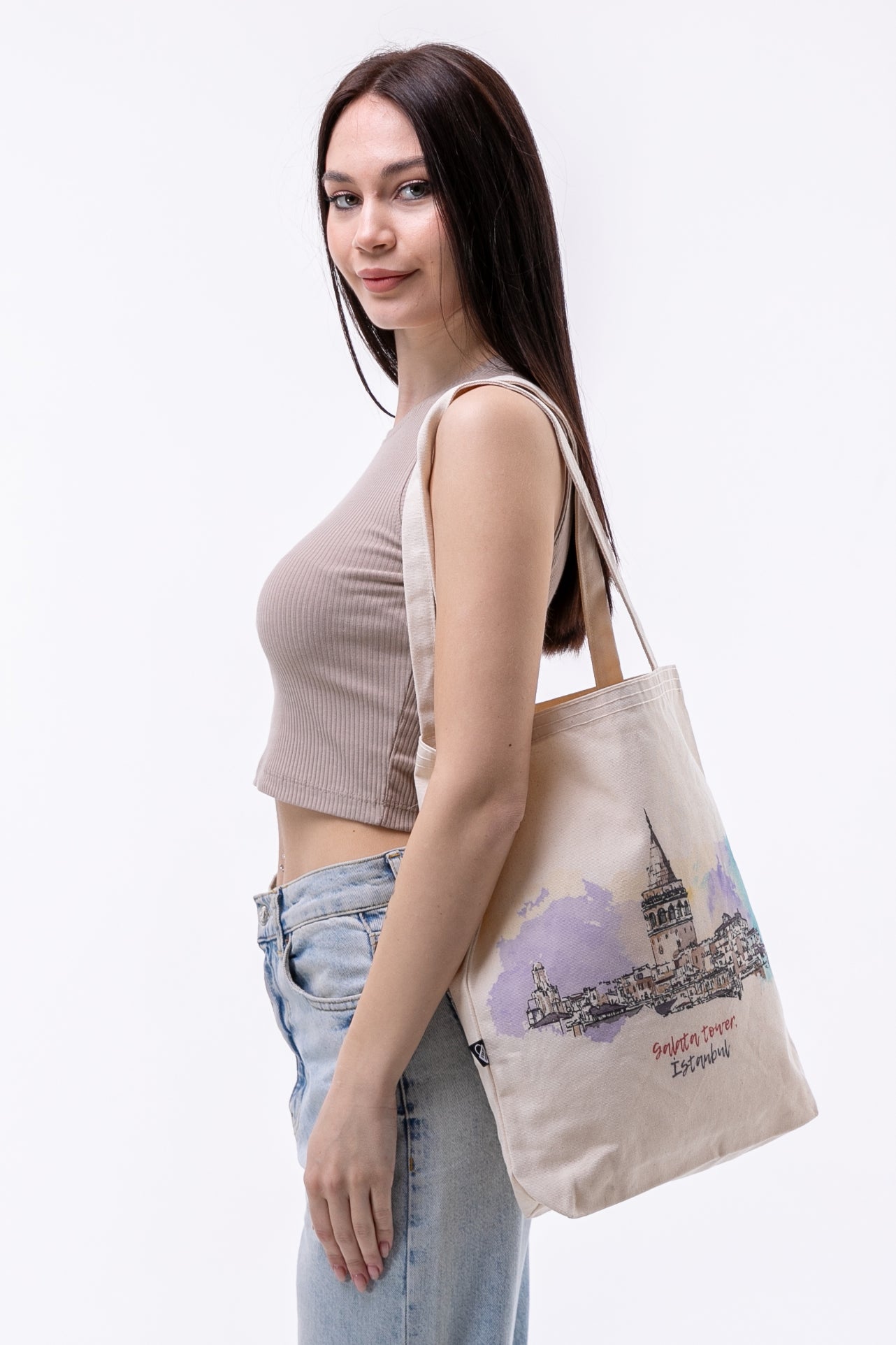 İstanbul Galata Tower Baskılı 340gr Gabardin Kumaş 35x40x8cm Bez Çanta