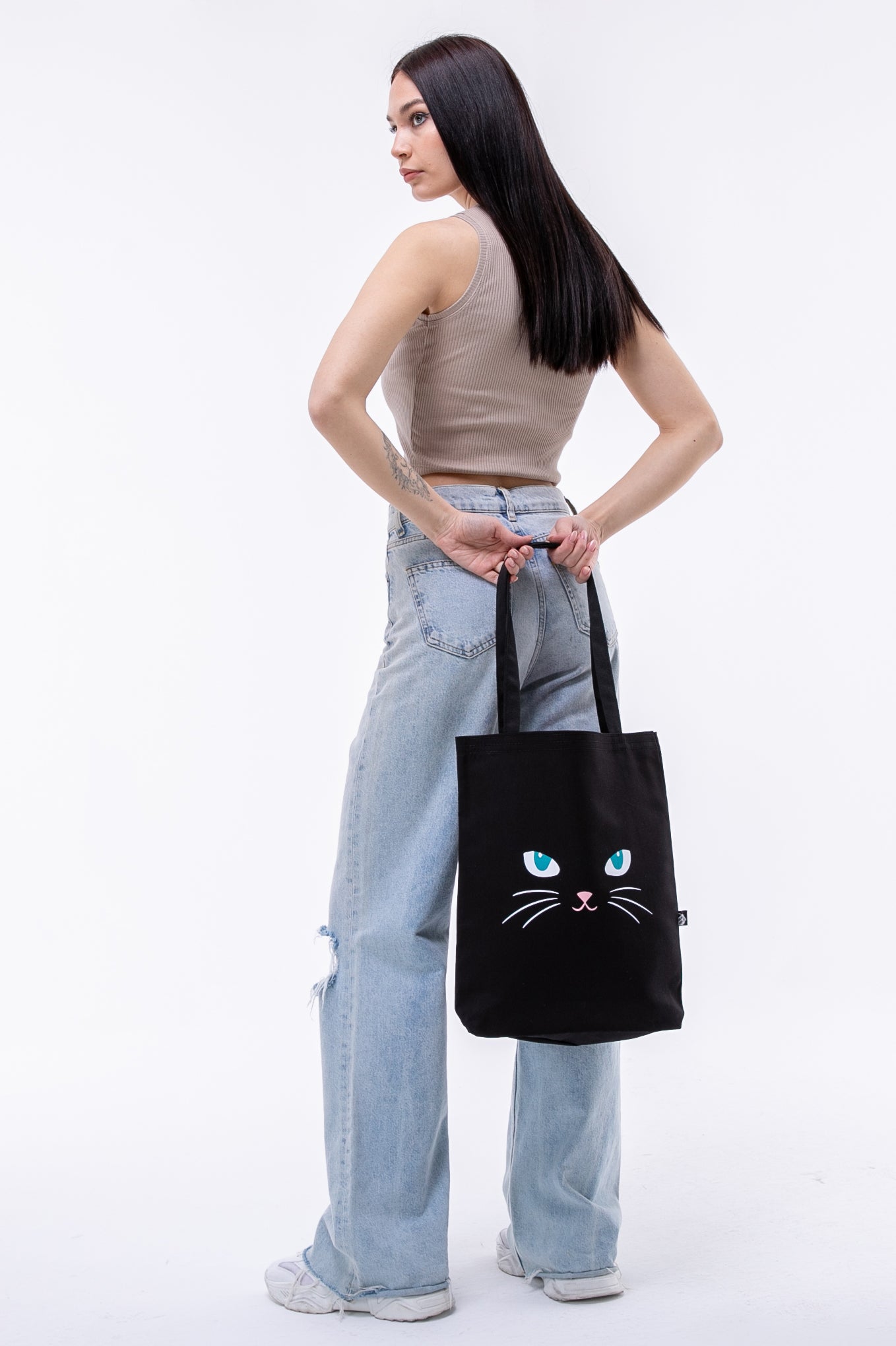 Mavi Gözlü Kedi 340gr Siyah Gabardin Kumaş 35x40x8cm Bez Çanta