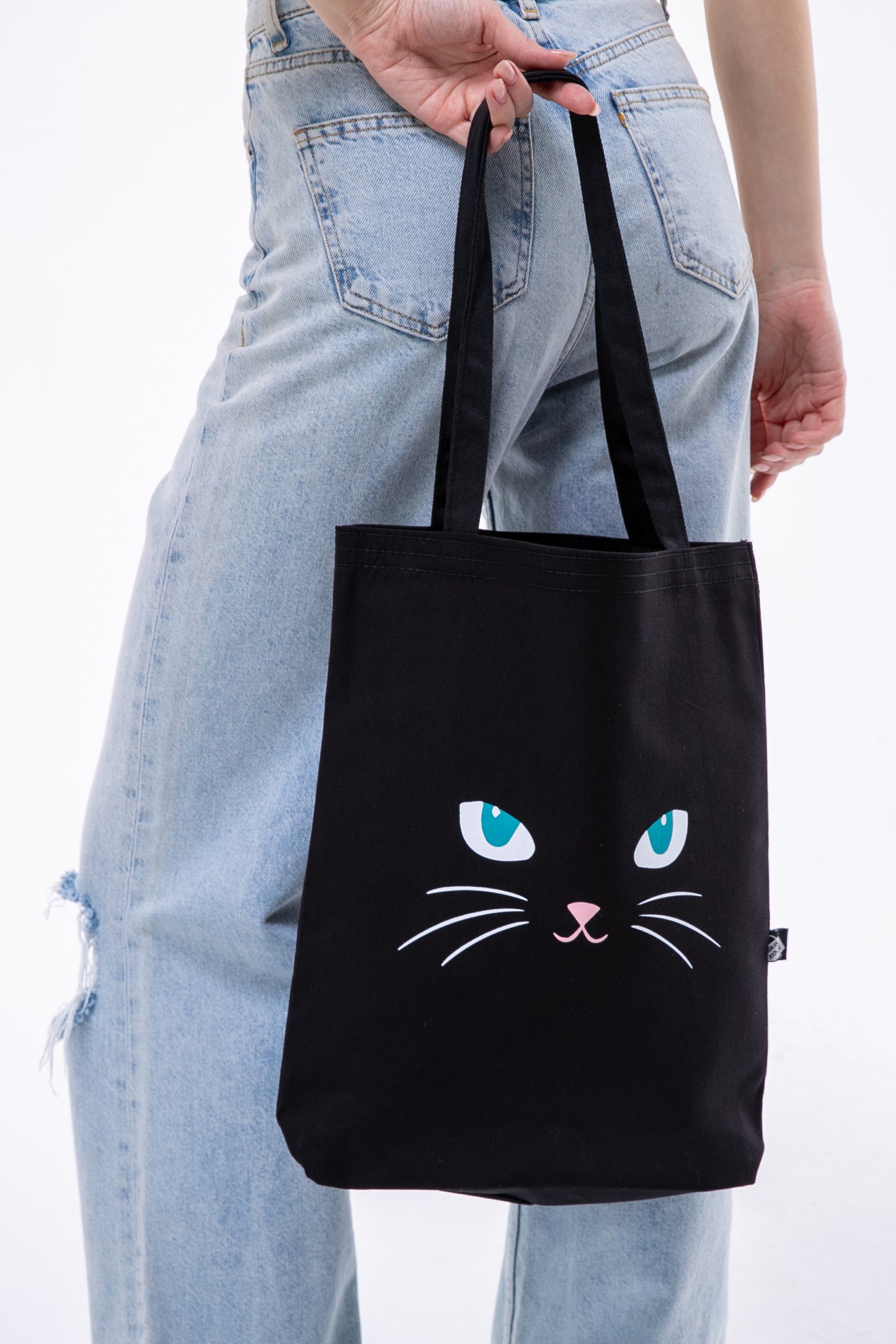 Mavi Gözlü Kedi 340gr Siyah Gabardin Kumaş 35x40x8cm Bez Çanta