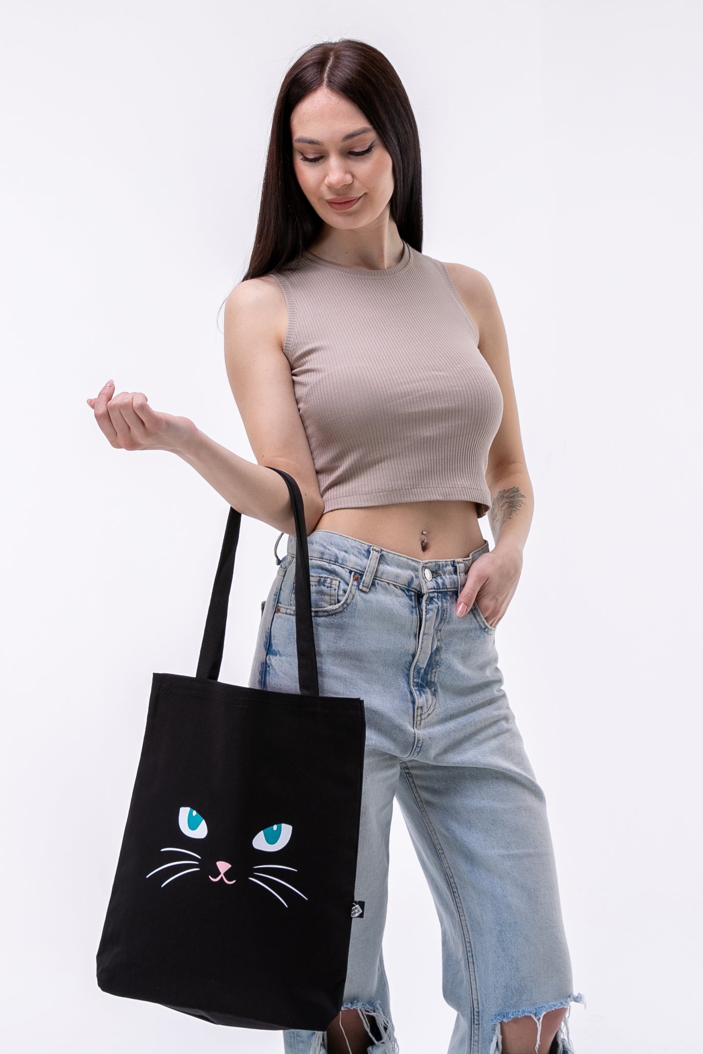 Mavi Gözlü Kedi 340gr Siyah Gabardin Kumaş 35x40x8cm Bez Çanta