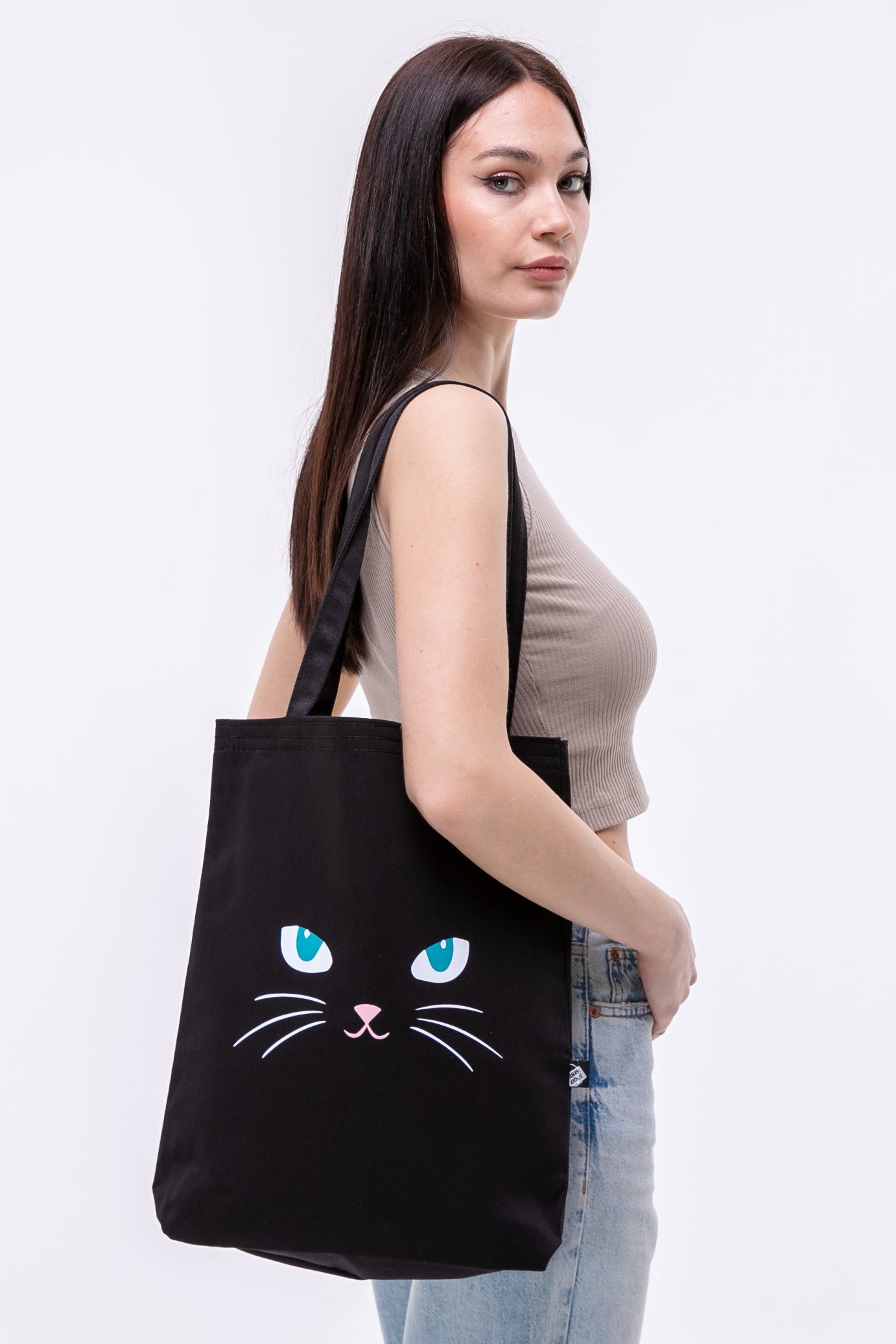 Mavi Gözlü Kedi 340gr Siyah Gabardin Kumaş 35x40x8cm Bez Çanta