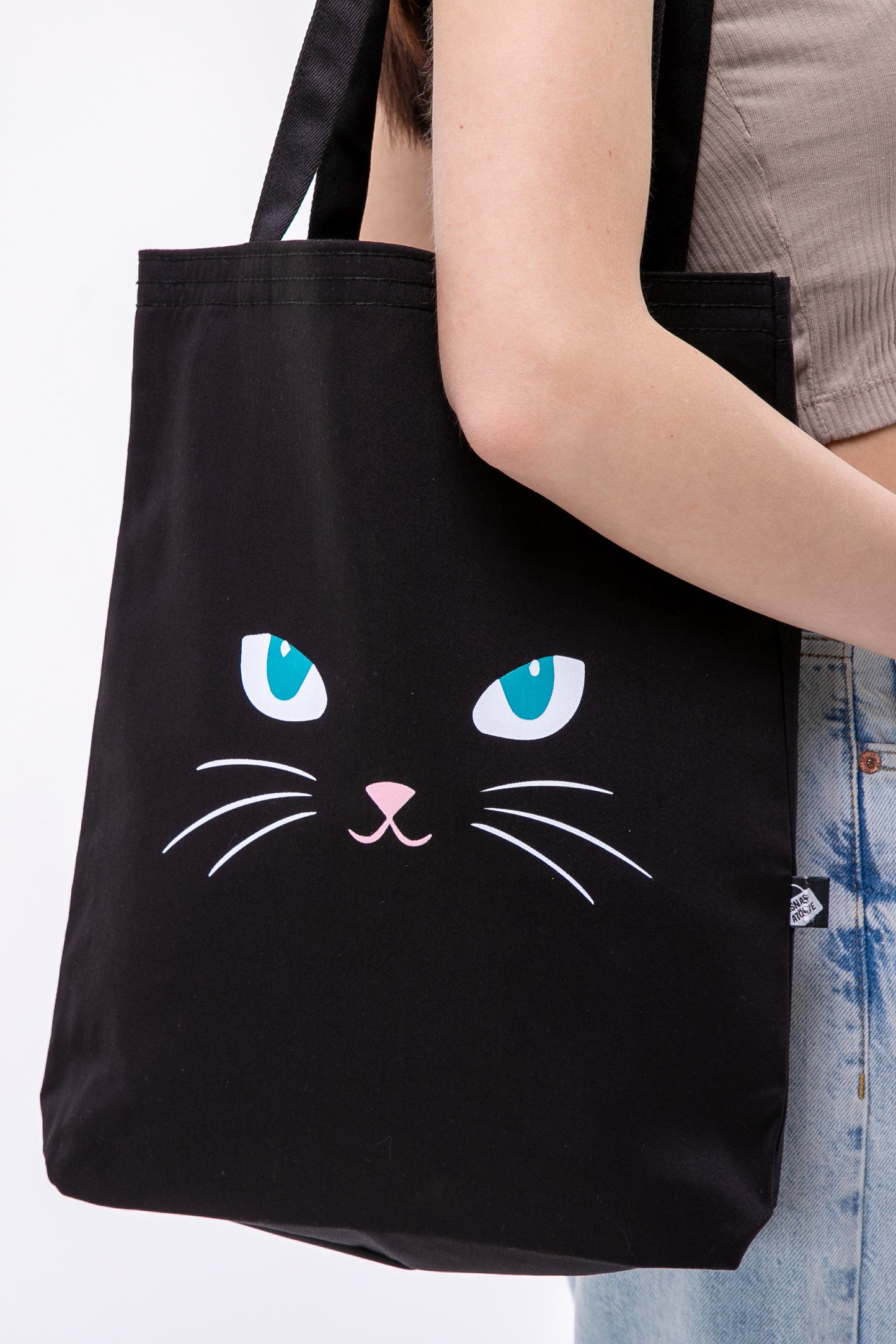 Mavi Gözlü Kedi 340gr Siyah Gabardin Kumaş 35x40x8cm Bez Çanta