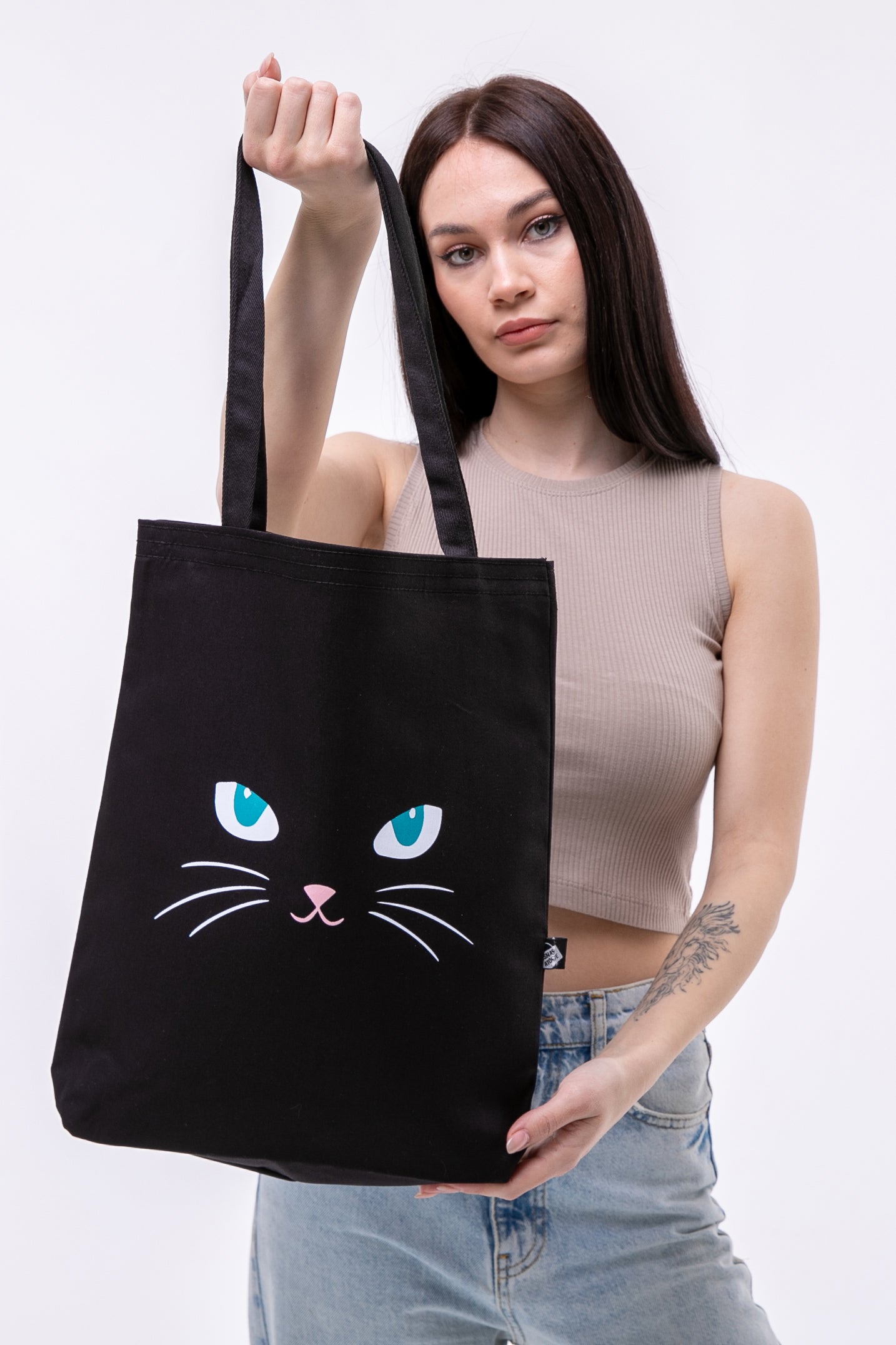 Mavi Gözlü Kedi 340gr Siyah Gabardin Kumaş 35x40x8cm Bez Çanta