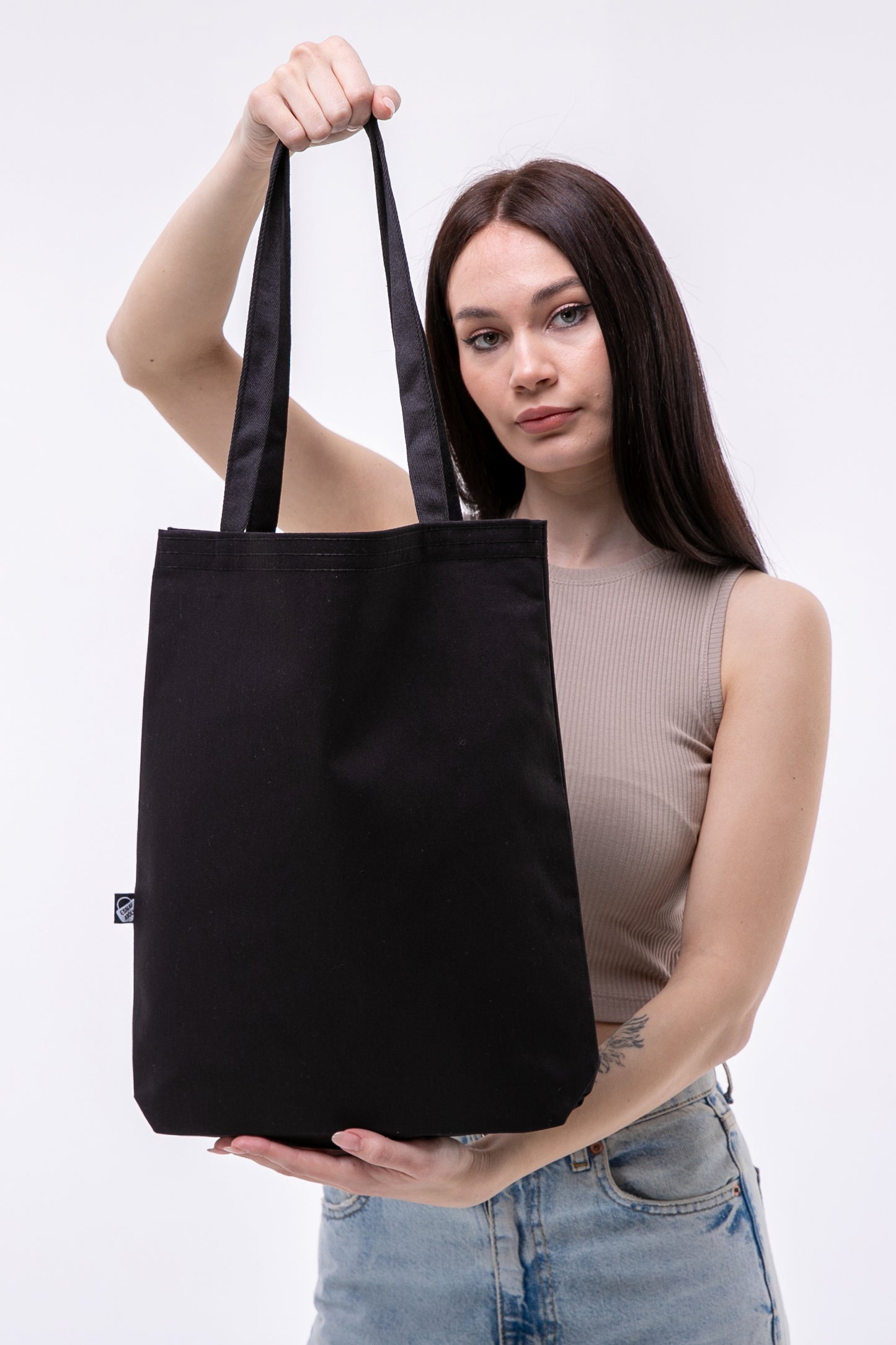 Mavi Gözlü Kedi 340gr Siyah Gabardin Kumaş 35x40x8cm Bez Çanta