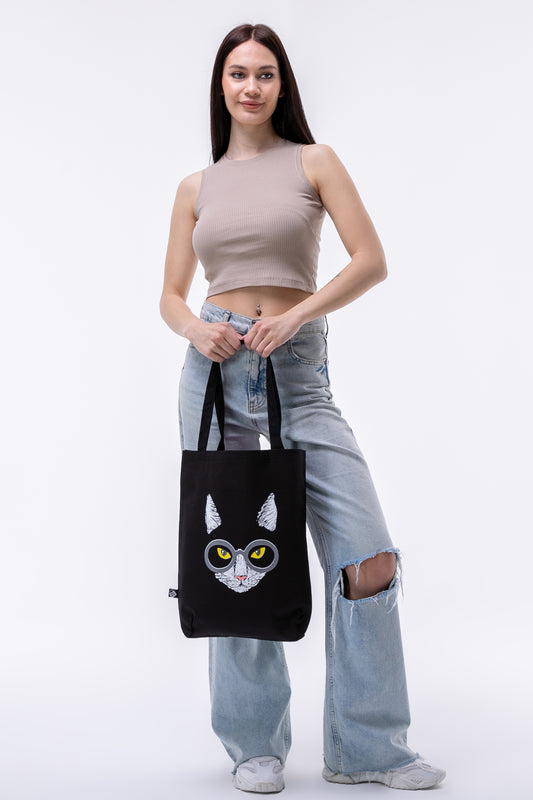 Yeşil Gözlü Kedi 340gr Siyah Gabardin Kumaş 35x40x8cm Bez Çanta