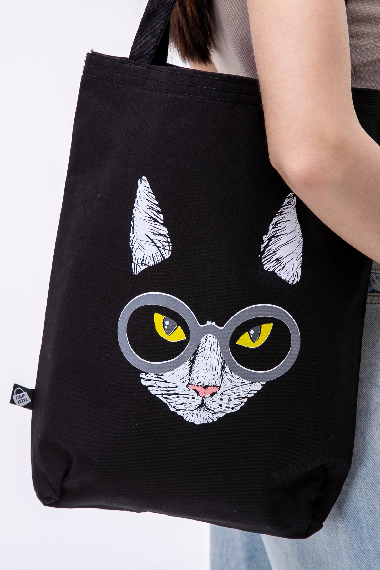 Yeşil Gözlü Kedi 340gr Siyah Gabardin Kumaş 35x40x8cm Bez Çanta