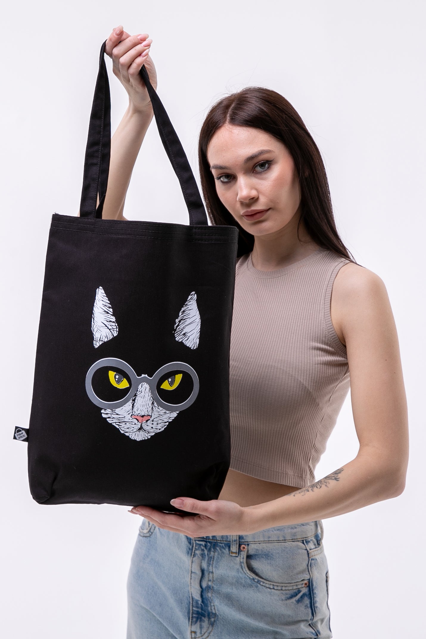 Yeşil Gözlü Kedi 340gr Siyah Gabardin Kumaş 35x40x8cm Bez Çanta