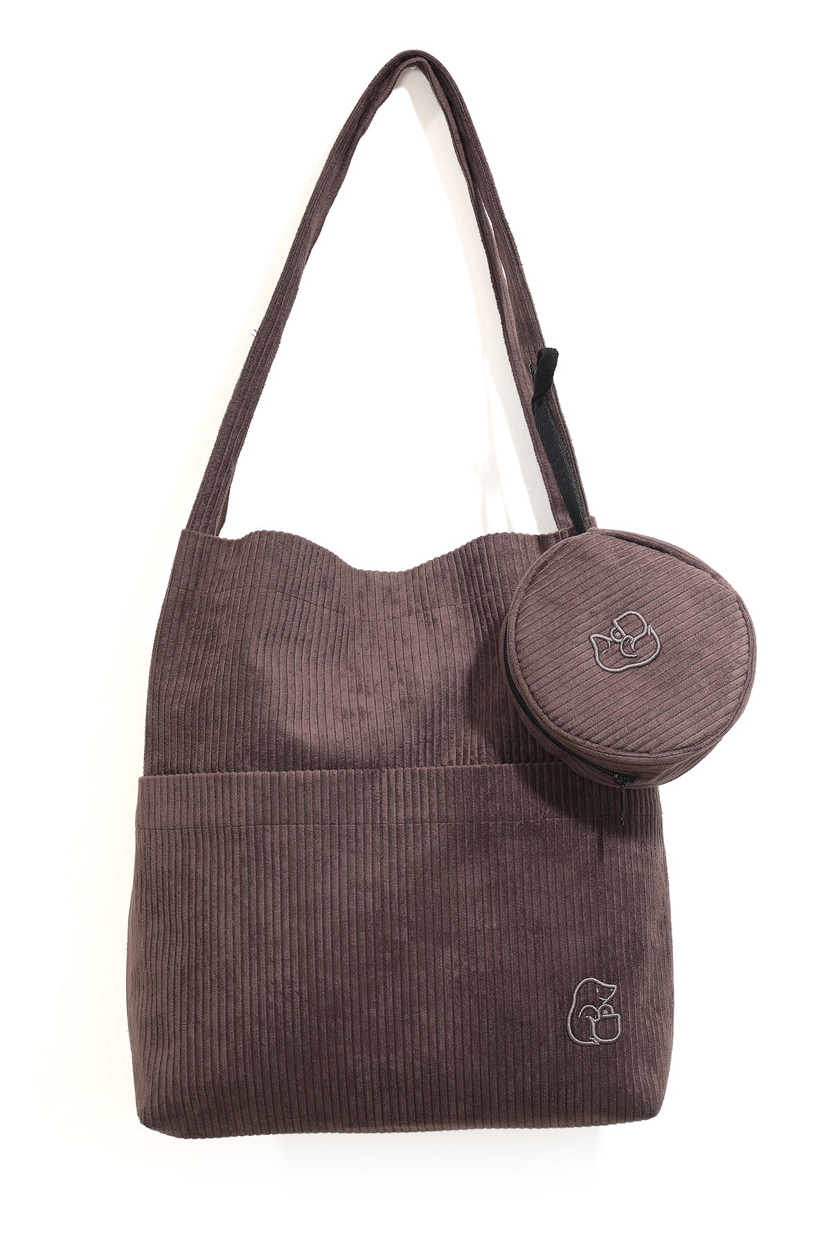 VELORA Kahverengi Fitilli Kadife 32x38cm Bez Çanta + Yuvarlak Mini Çantalı